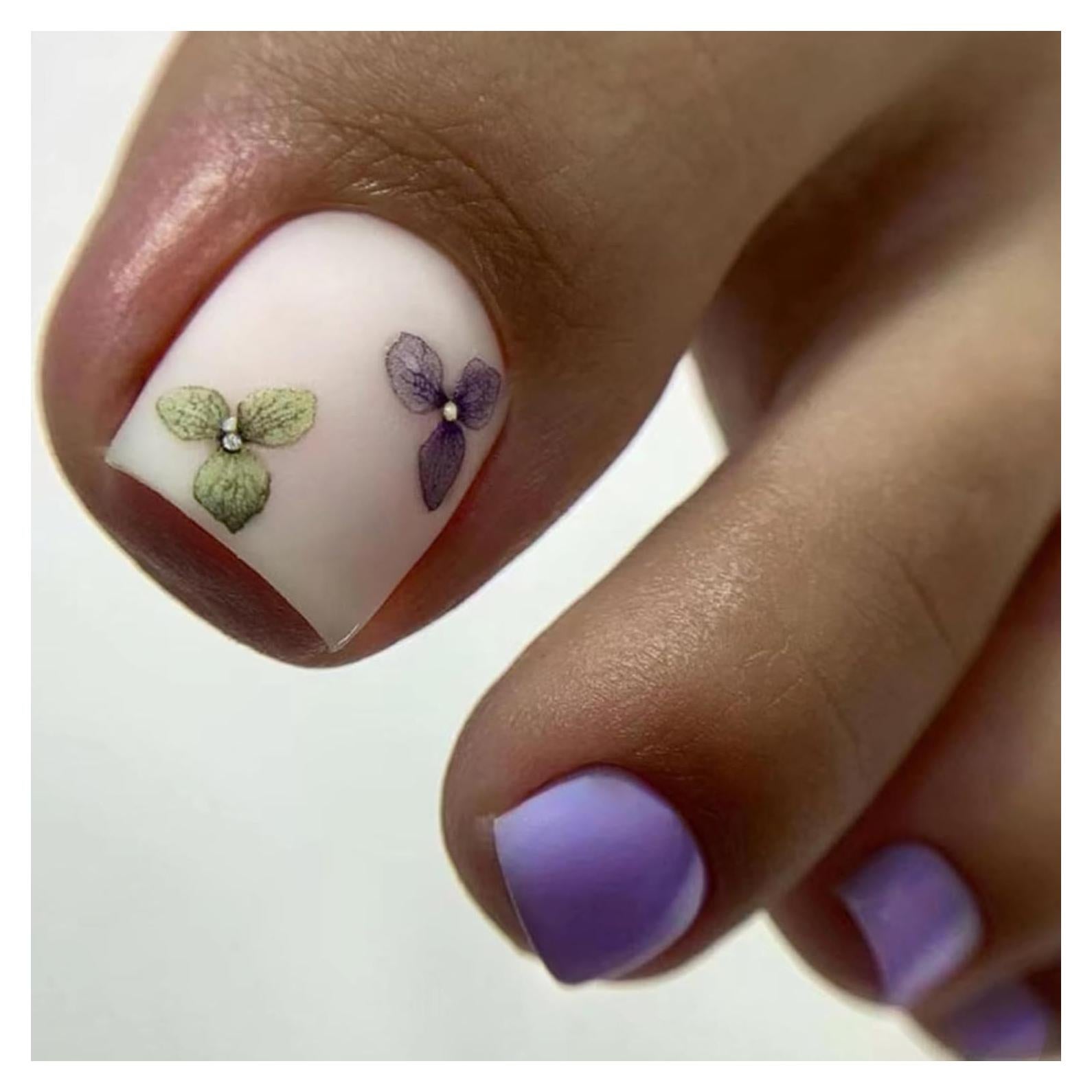 Uñas de Pie Falsas Moradas con Flores FRUZJAY - 24 Piezas