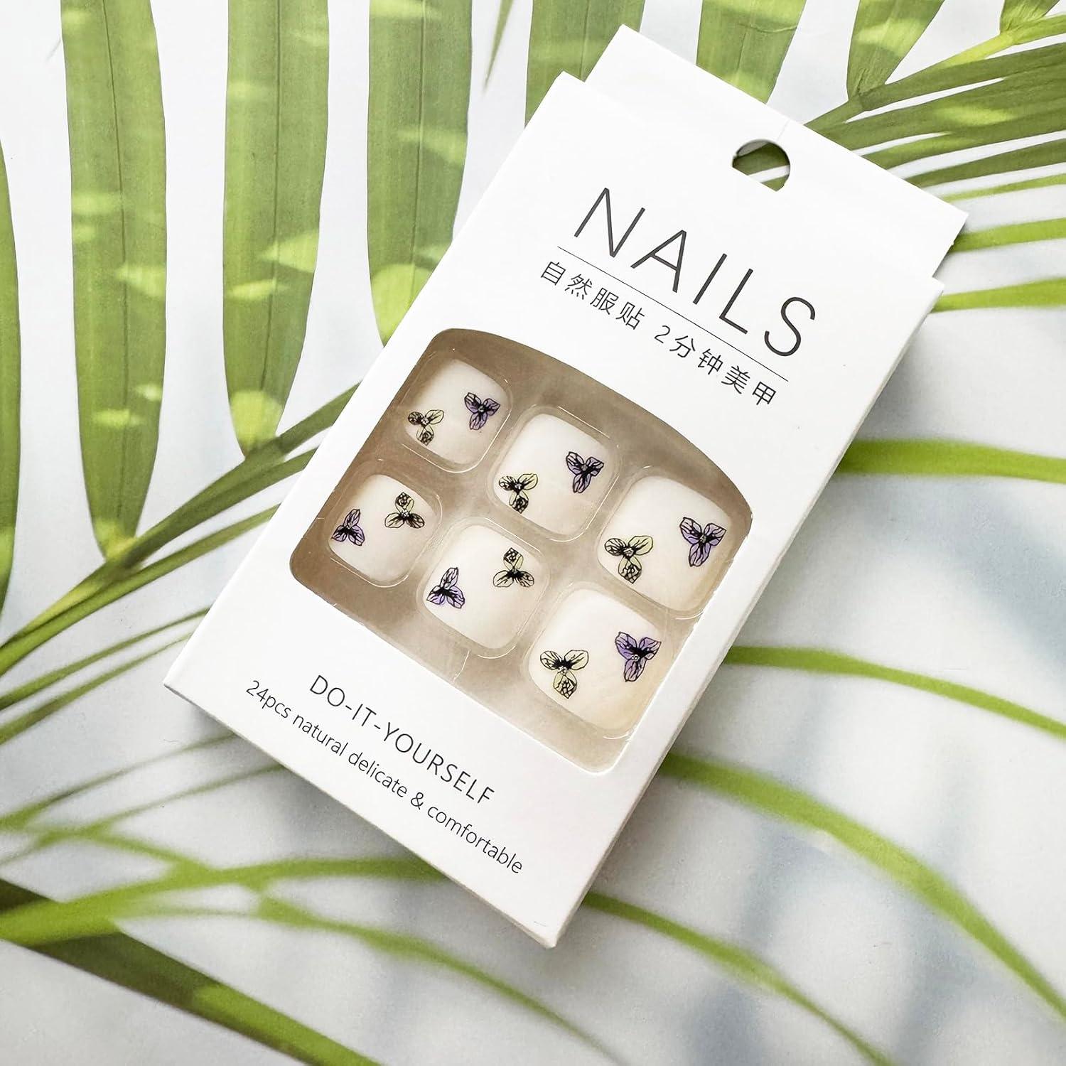 Uñas de Pie Falsas Moradas con Flores FRUZJAY - 24 Piezas