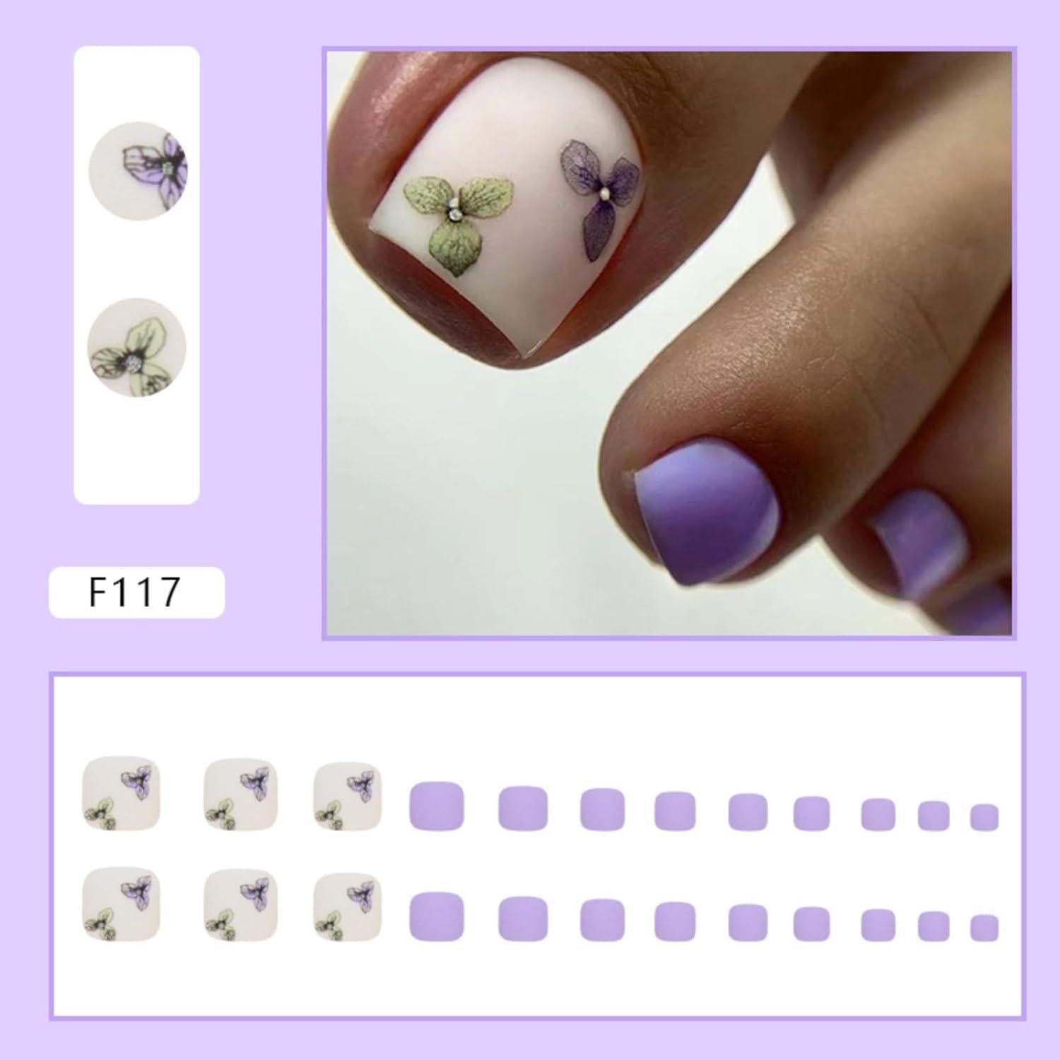 Uñas de Pie Falsas Moradas con Flores FRUZJAY - 24 Piezas