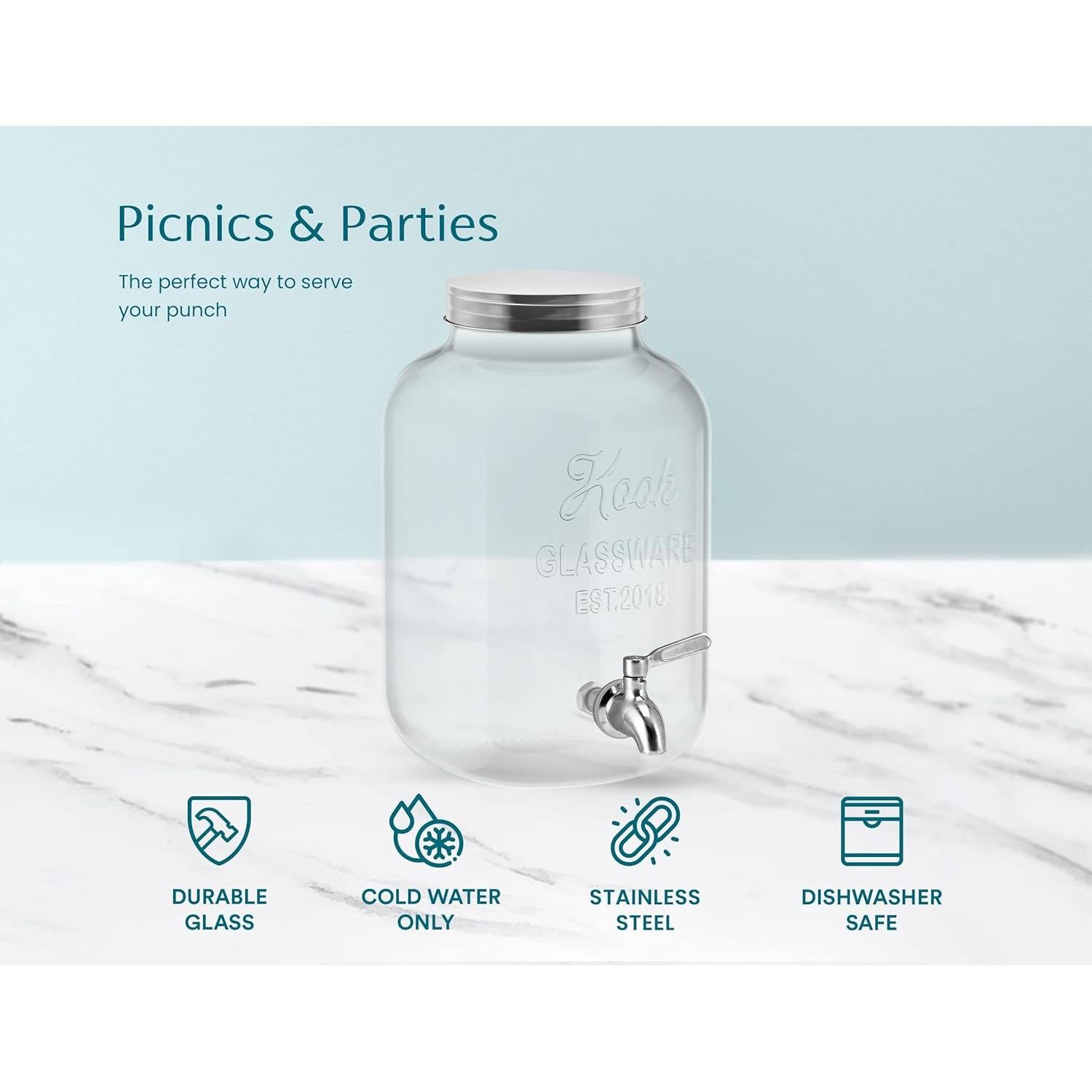 Dispensador de Bebidas KooK de Vidrio 3.78L con Grifo Inoxidable