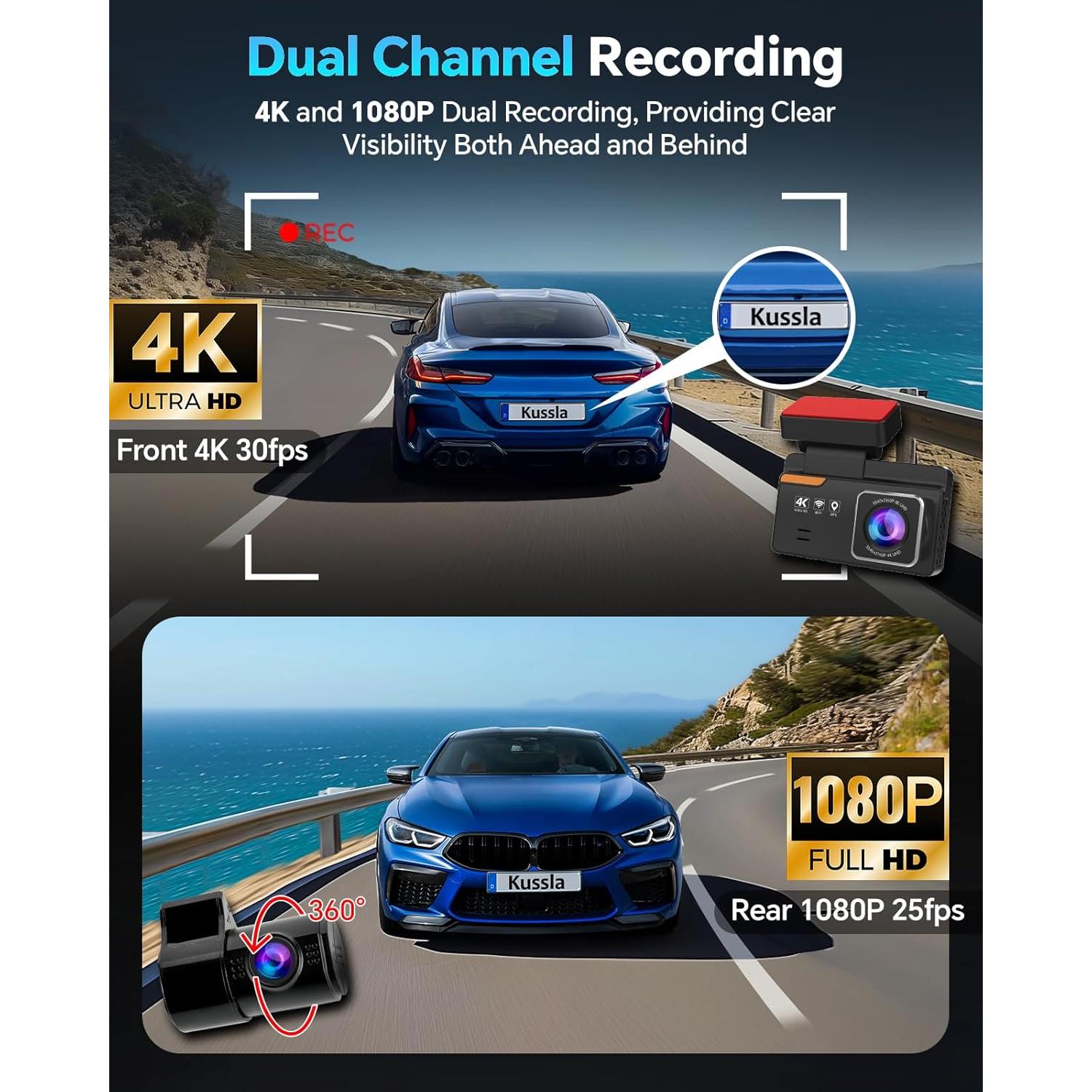 Cámara Dash Doble Kussla 4K+1080P con GPS y WiFi