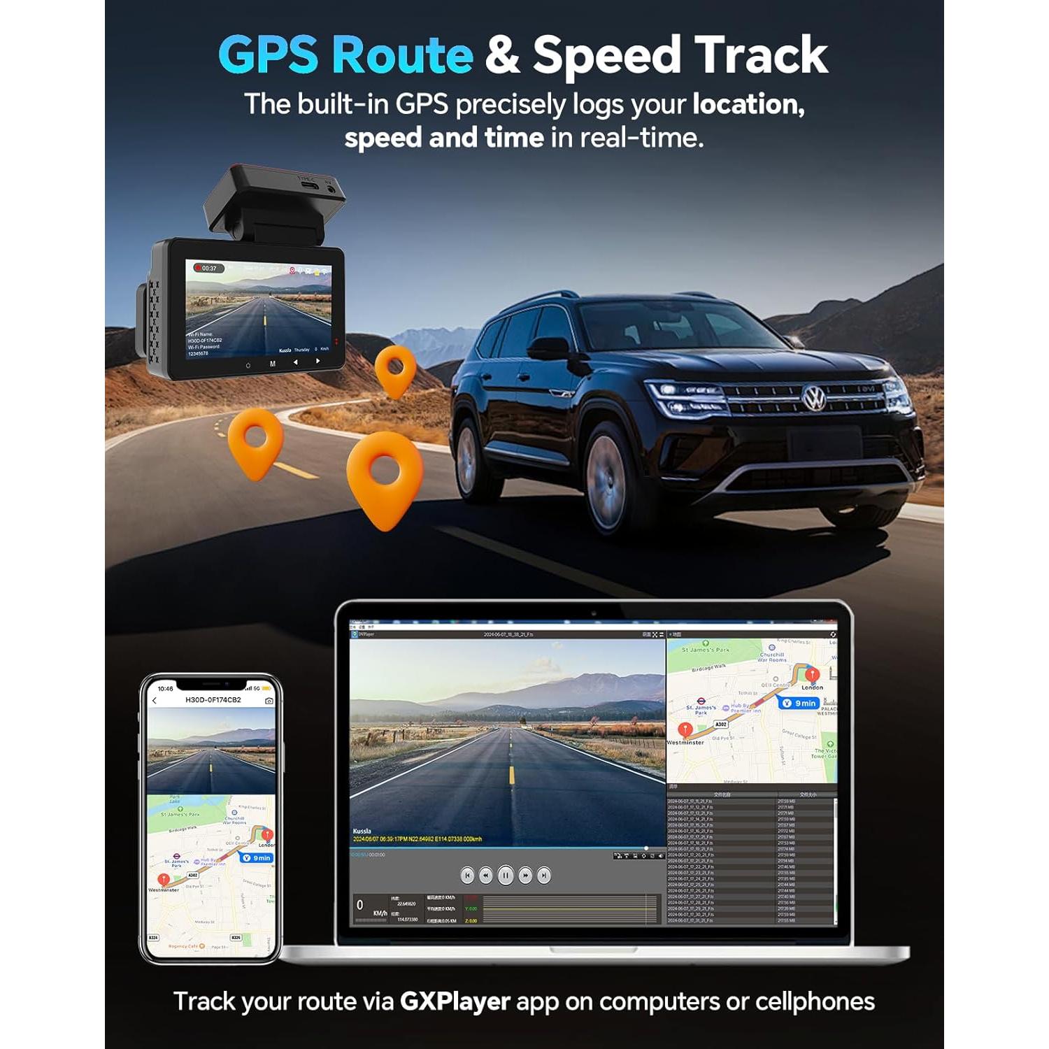 Cámara Dash Doble Kussla 4K+1080P con GPS y WiFi