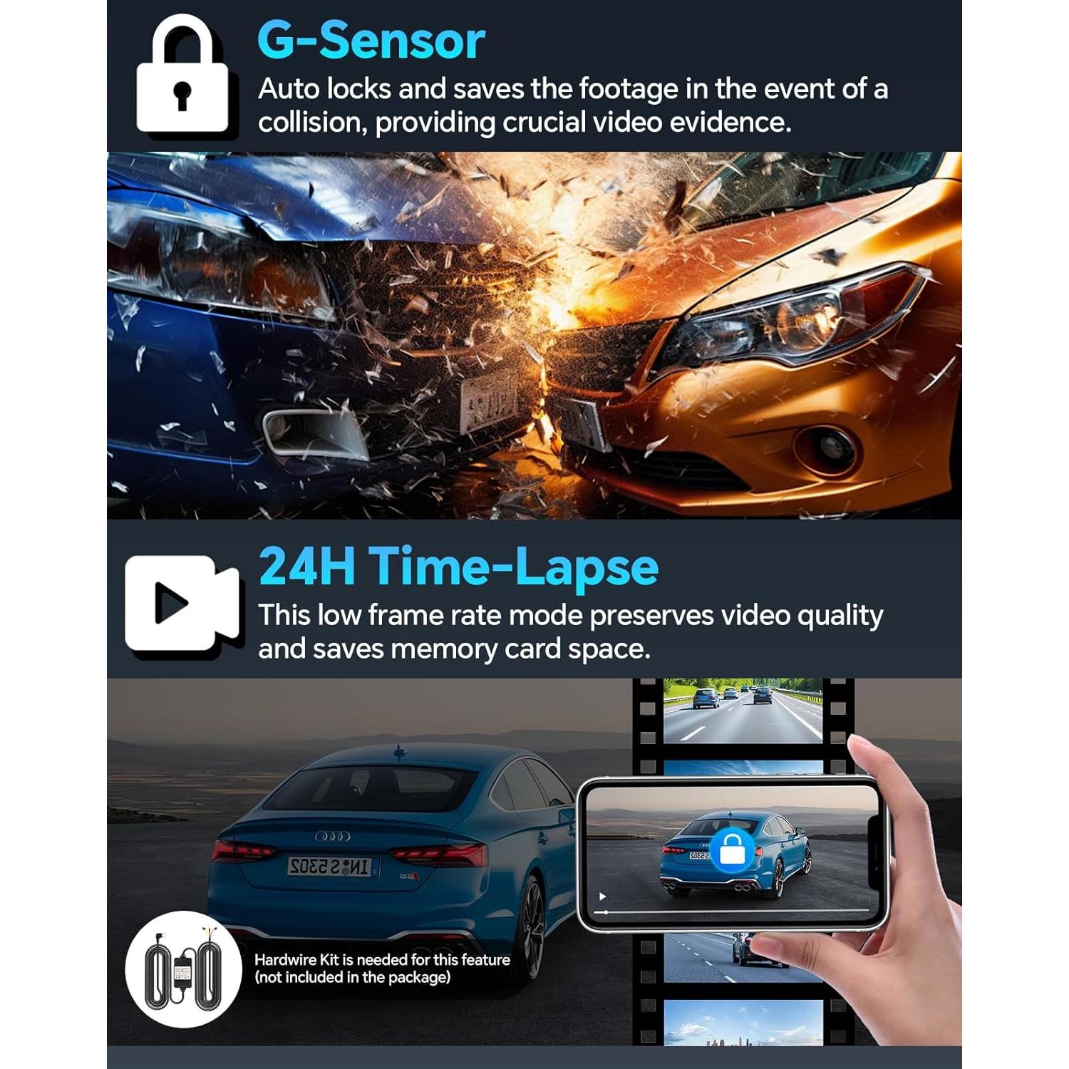 Cámara Dash Doble Kussla 4K+1080P con GPS y WiFi