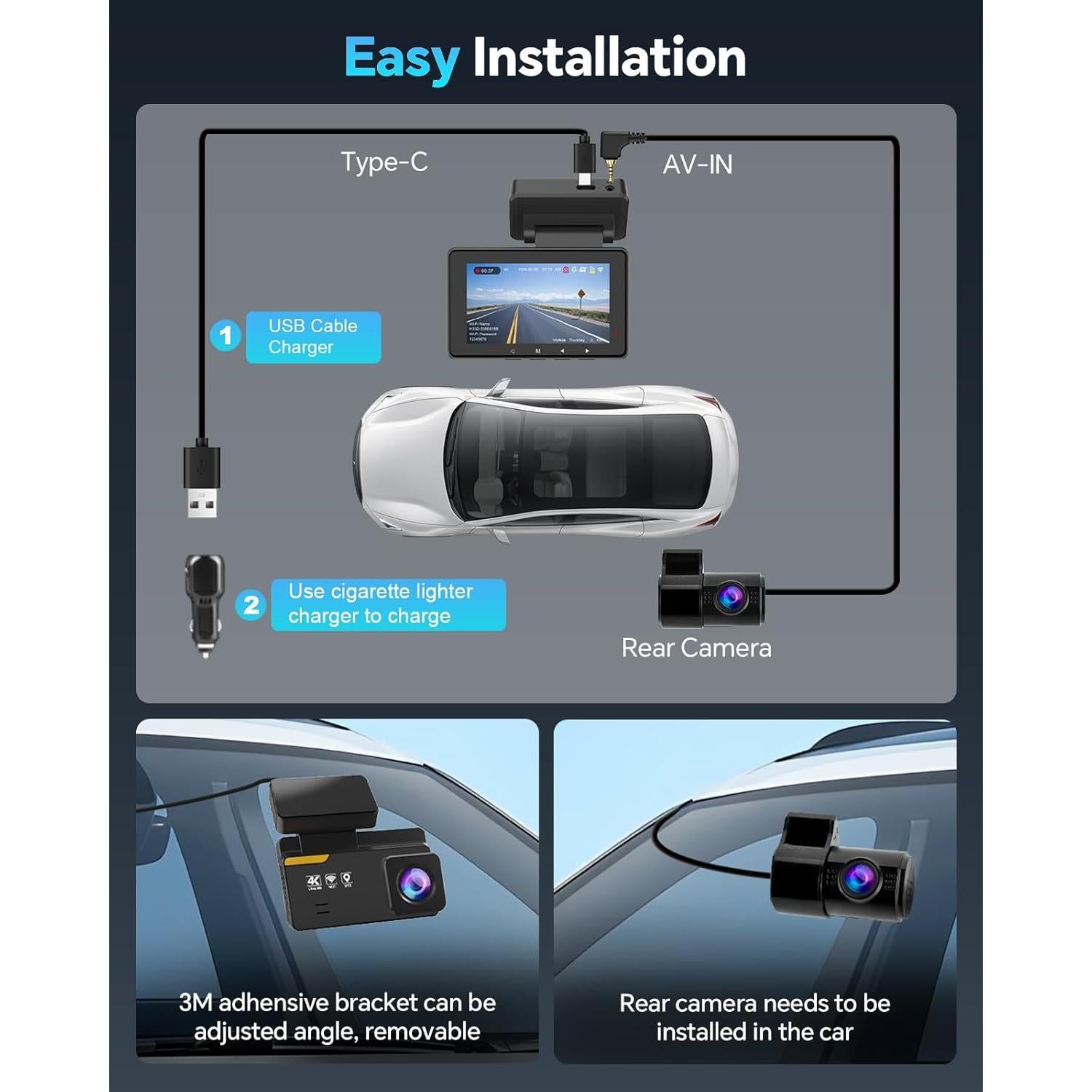Cámara Dash Doble Kussla 4K+1080P con GPS y WiFi