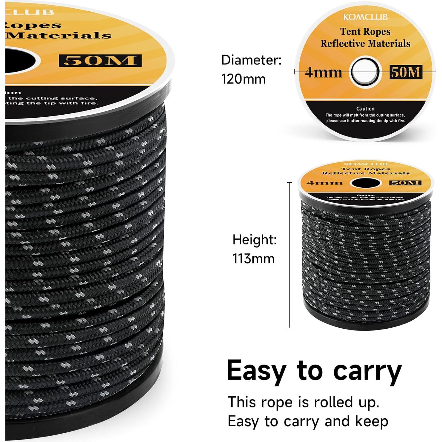 Cuerda Reflectante de 50M KOMCLUB 4mm para Camping y Senderismo