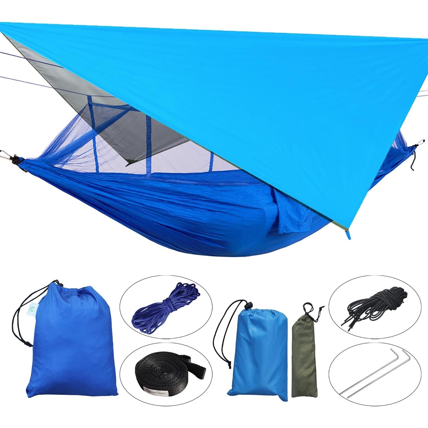 Hamaca de Camping Happy Camper Individual Azul con Cubierta de Lluvia