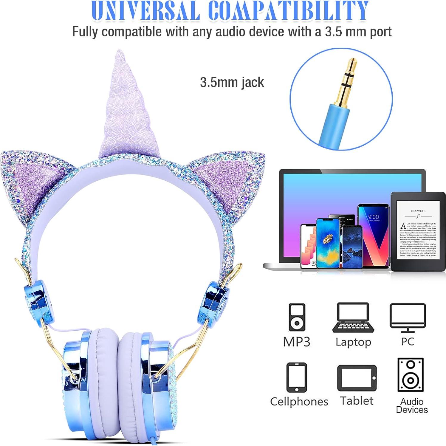 Auriculares con Cable TCJJ Unicornio Azul para Niñas 3-12 Años