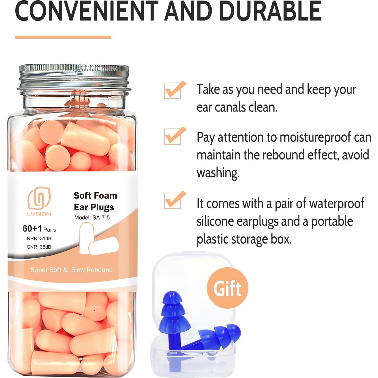 Tapones para oídos LYSIAN color carne 60 pares 38dB SNR