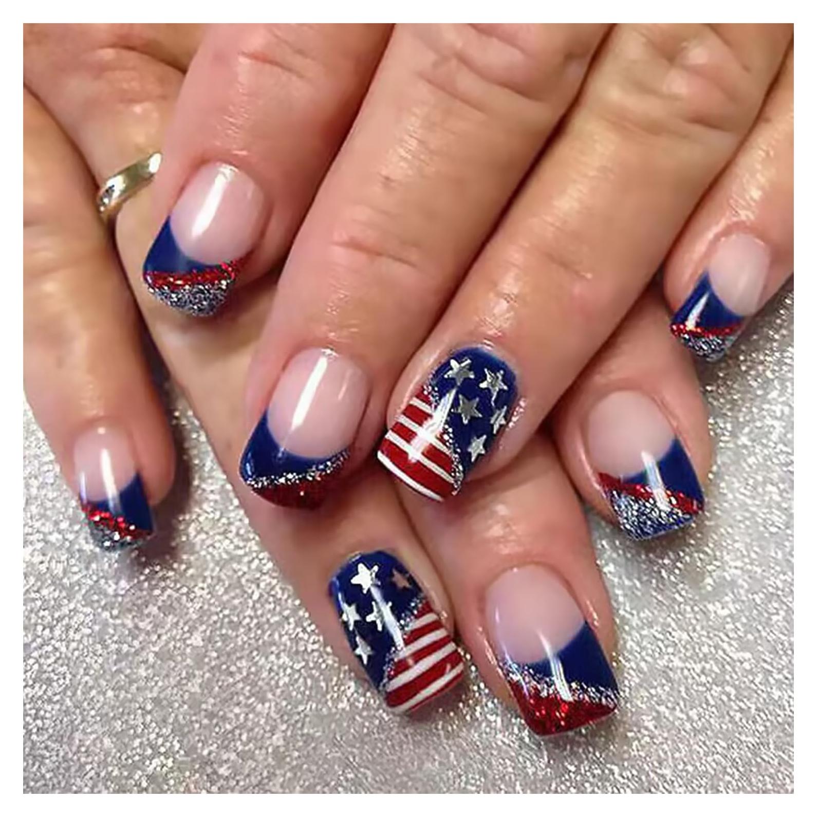 24 Uñas Postizas Cortas Francesas 4 de Julio DZPGUONIZ