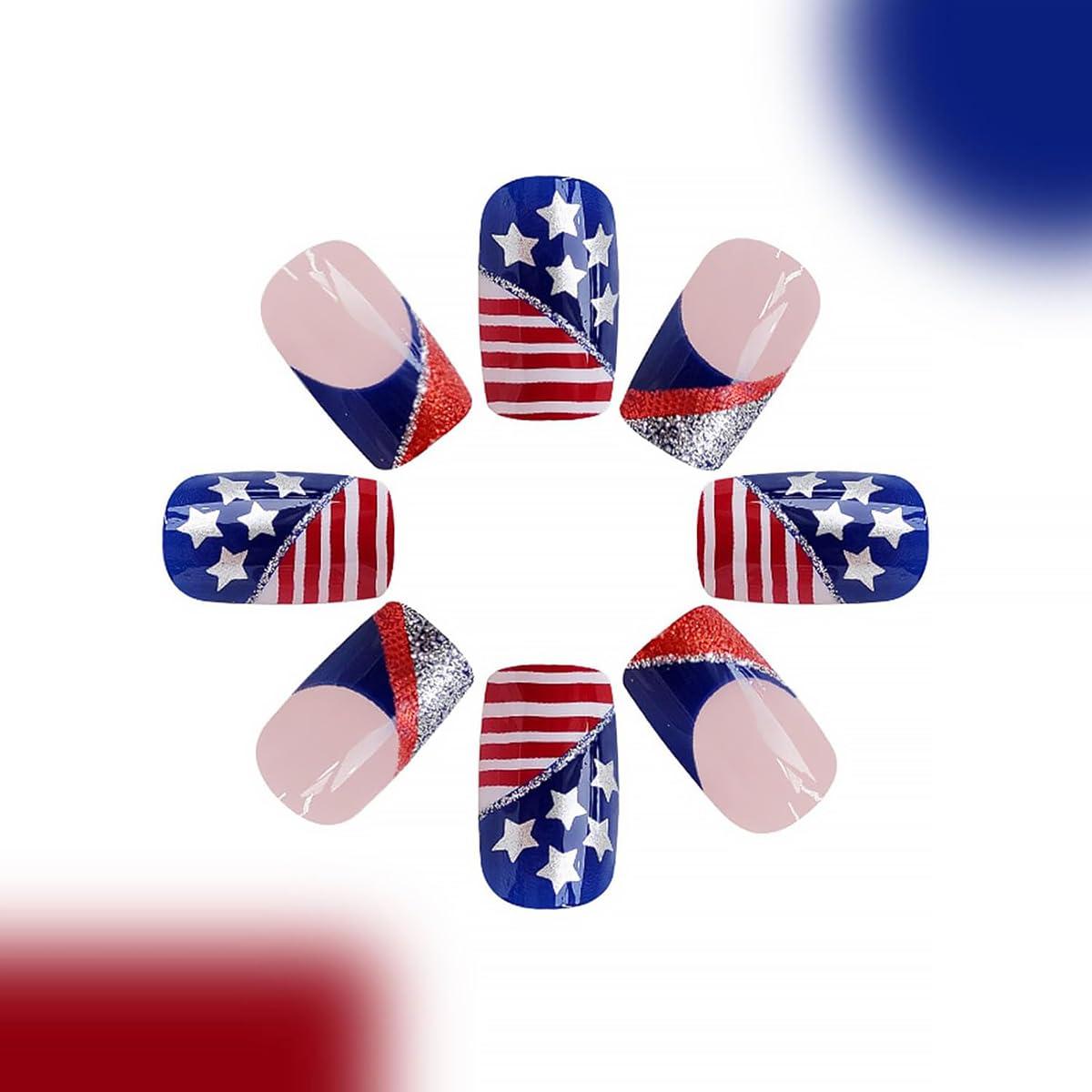 24 Uñas Postizas Cortas Francesas 4 de Julio DZPGUONIZ