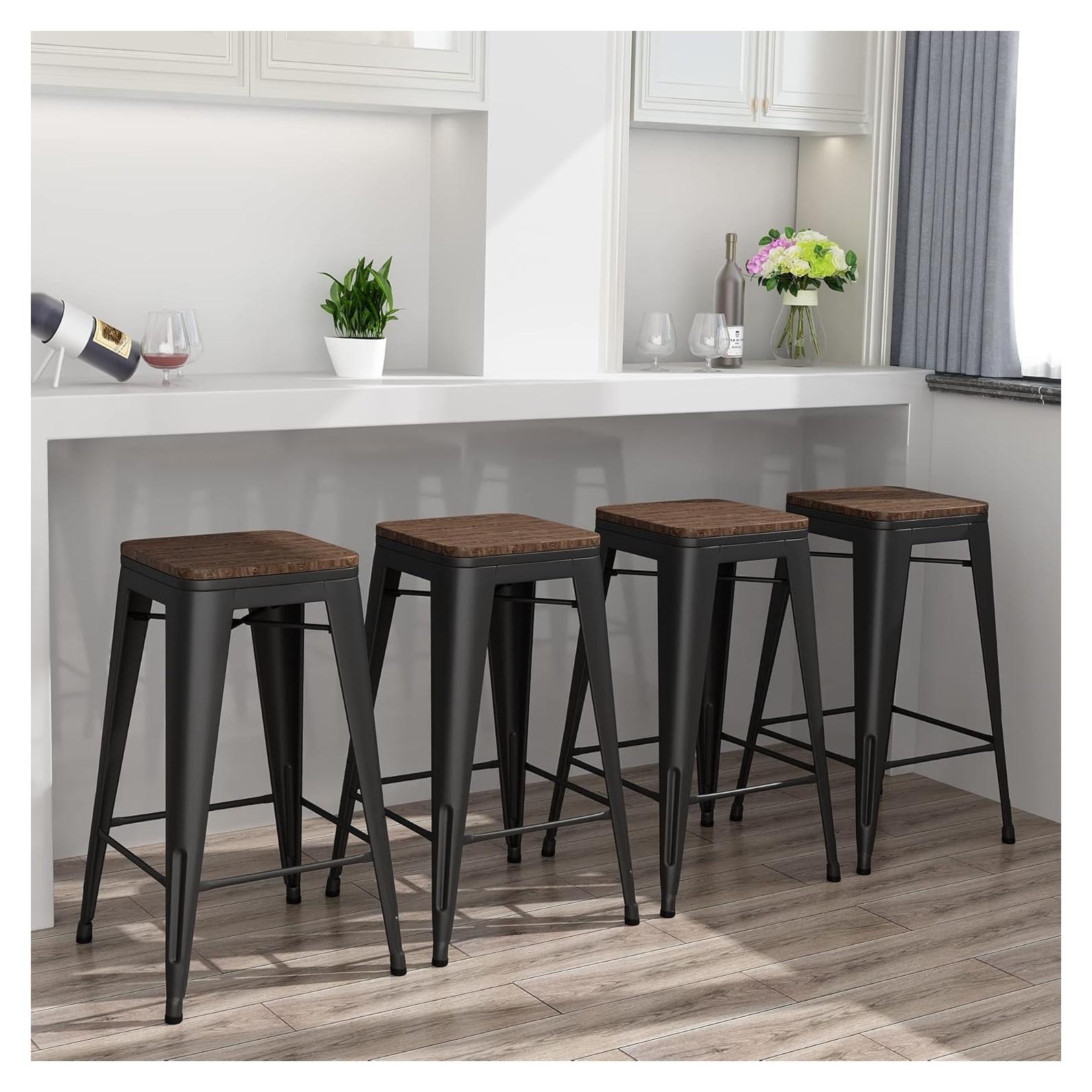 Juego de 4 Taburetes de Bar Yongqiang 61 cm Metal y Madera Negro