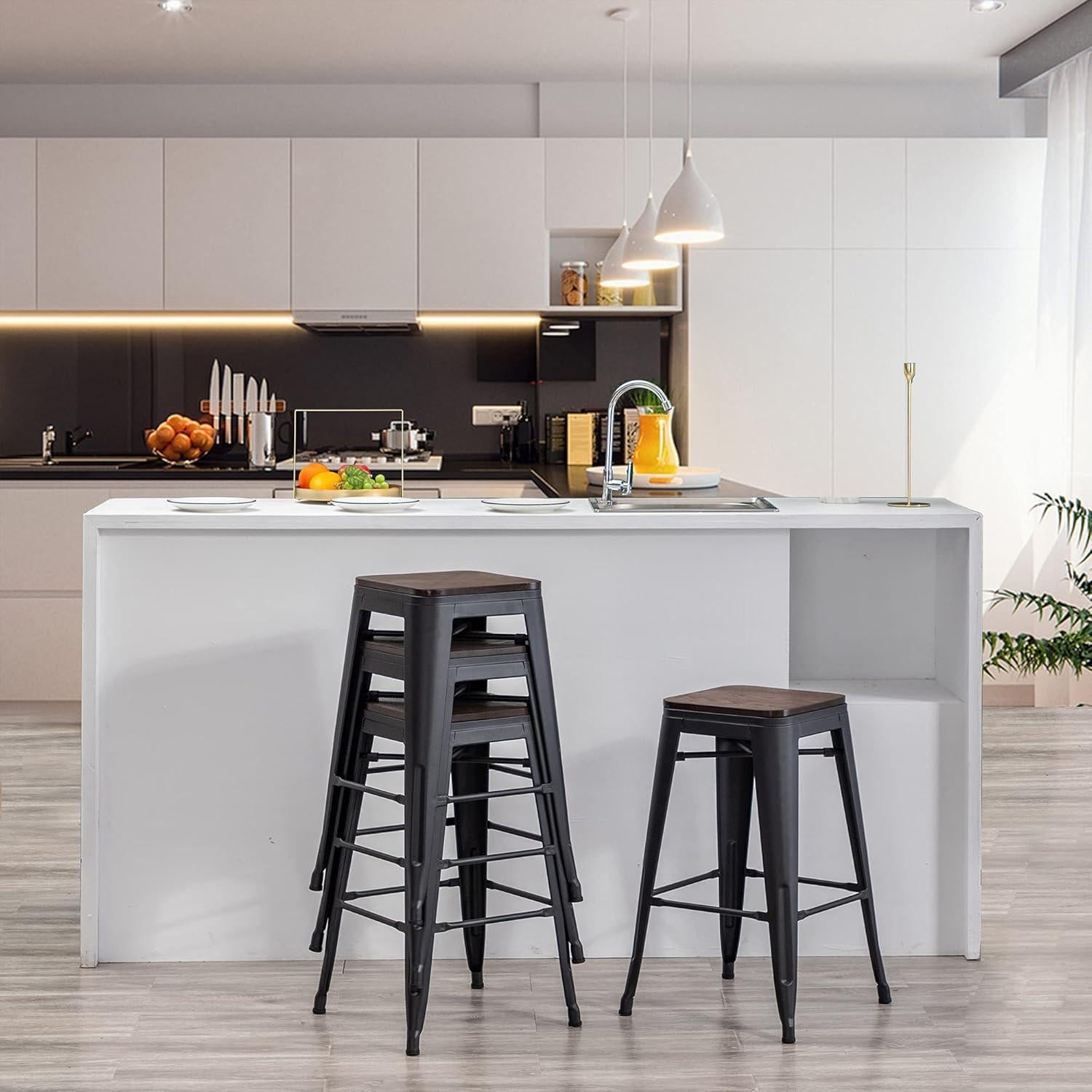 Juego de 4 Taburetes de Bar Yongqiang 61 cm Metal y Madera Negro