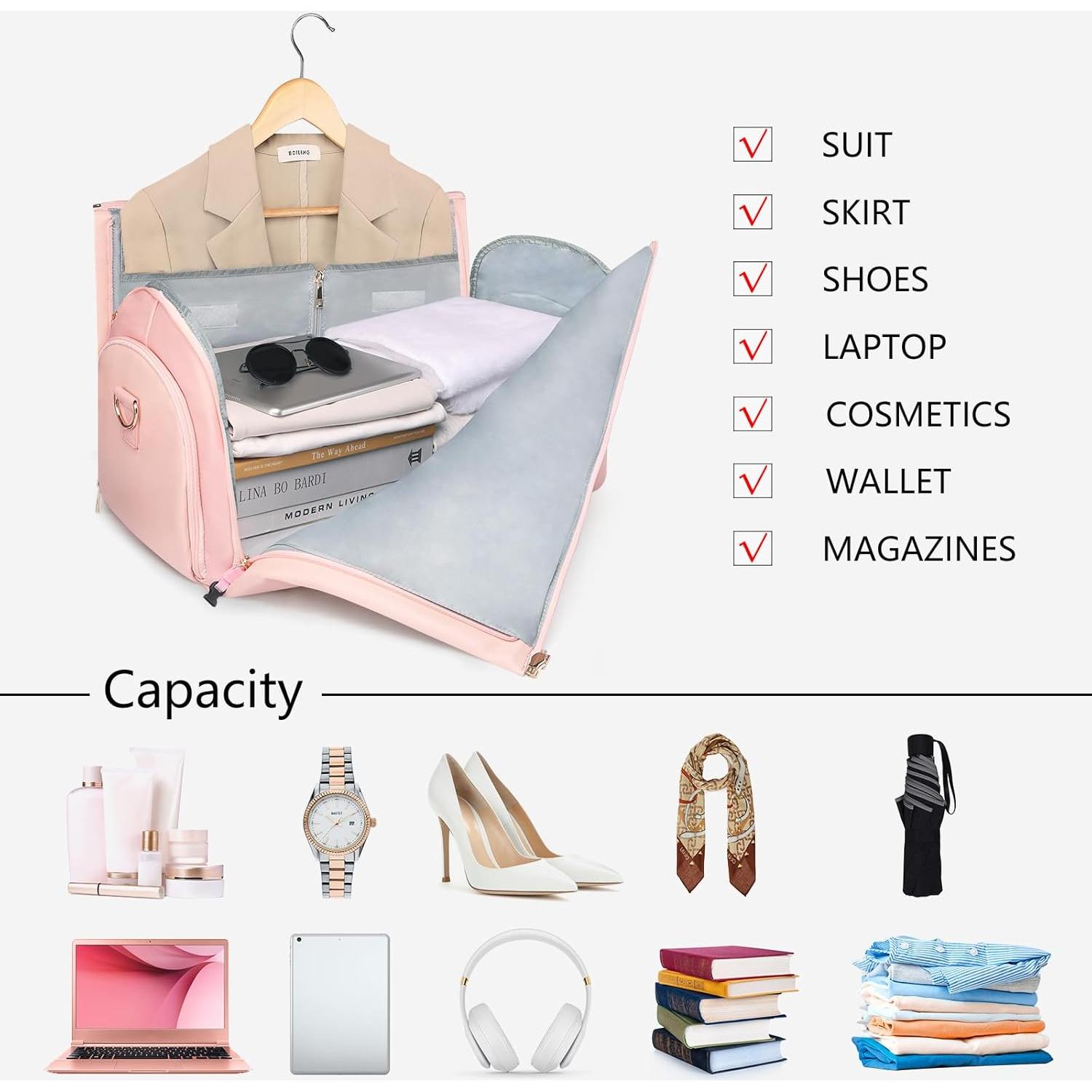 Bolsa Duffle Convertible BOLOSTA Rosa 52L para Ropa y Zapatos