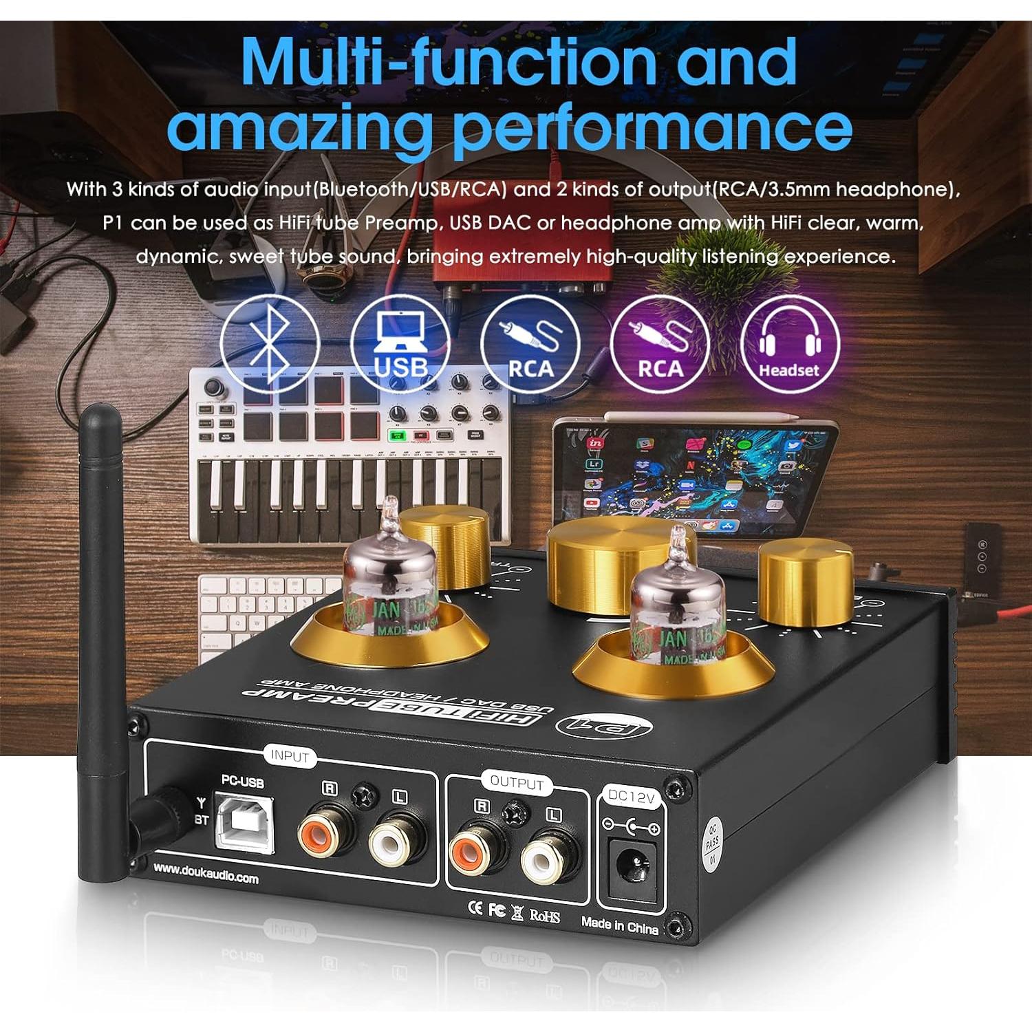 Douk Audio P1 Previo de Válvula Bluetooth con DAC USB