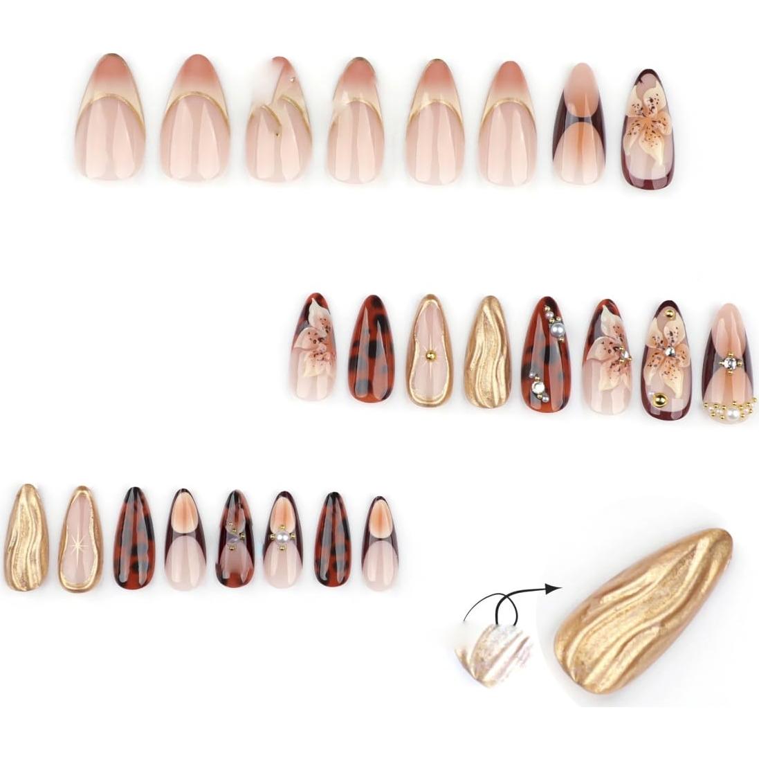 Uñas Postizas Almendras 22 Piezas YOLEZI Marrón 3D Flores