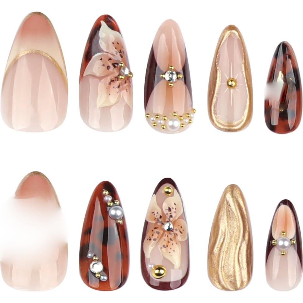 Uñas Postizas Almendras 22 Piezas YOLEZI Marrón 3D Flores