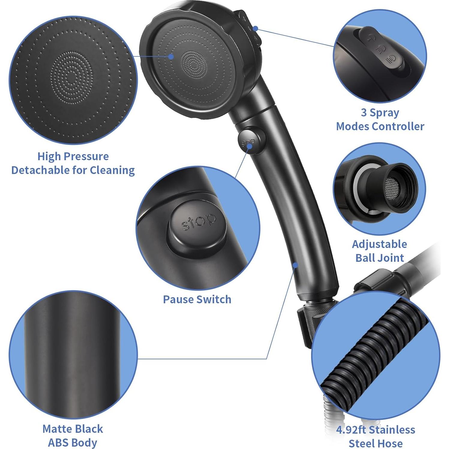 Cabezal de Ducha de Mano SINGSUO Alta Presión 3 Modos Negro