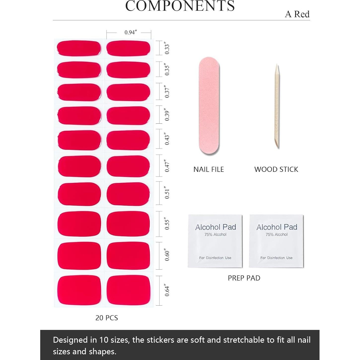 Tiras de Uñas de Gel Semi Curadas AutyaMee 20 Piezas Rojo A