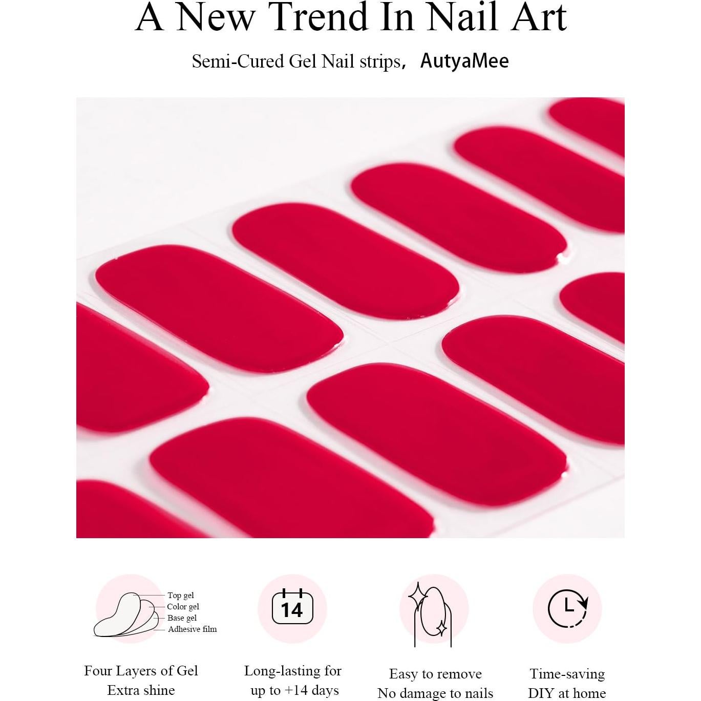 Tiras de Uñas de Gel Semi Curadas AutyaMee 20 Piezas Rojo A