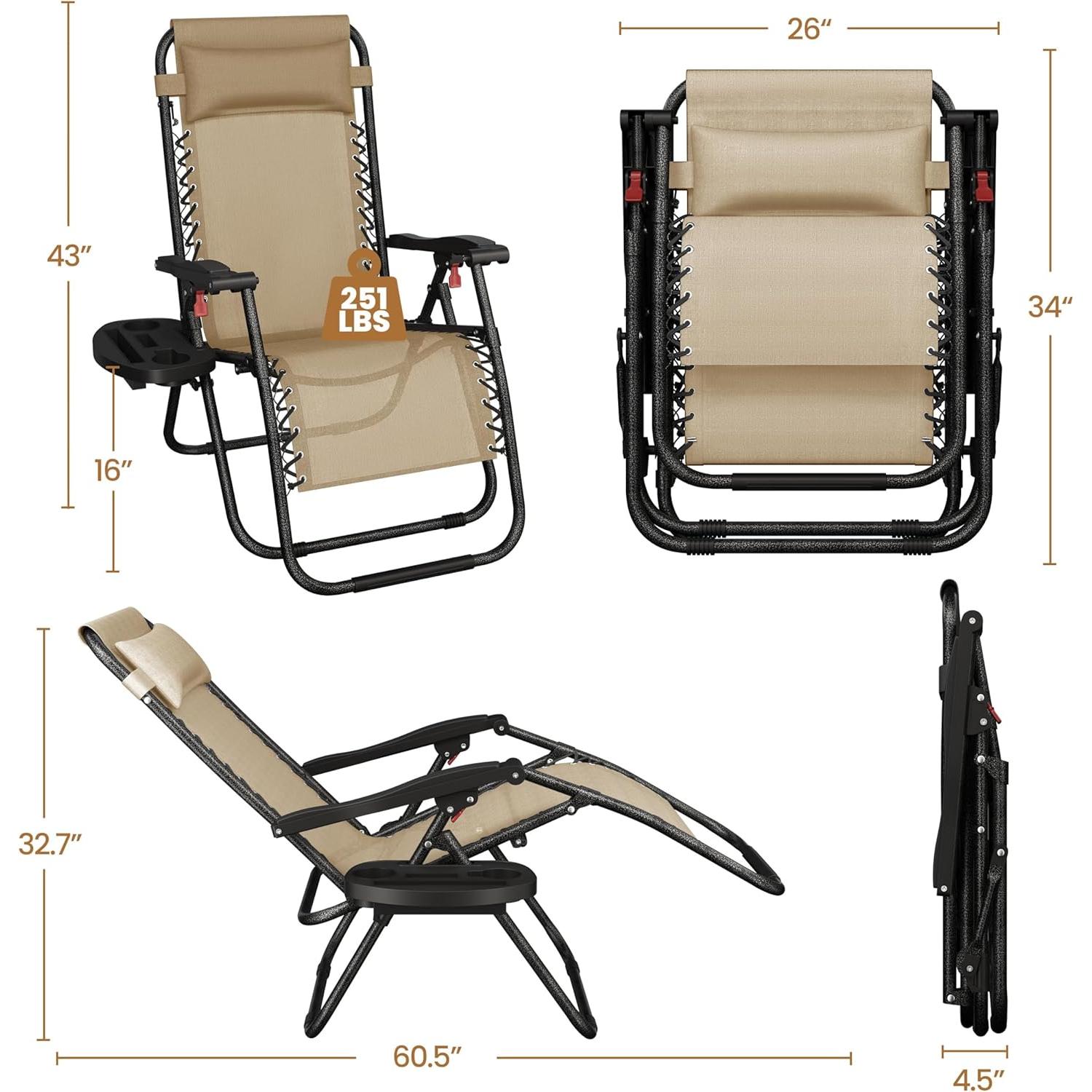 Yaheetech Zero Gravity Recliners Outdoor Adjustable Folding Reclining Lounge Chairs w/Pillows, Cup Holder Trays and Carry Strap for Patio Backyard Beach Beige Set of 2