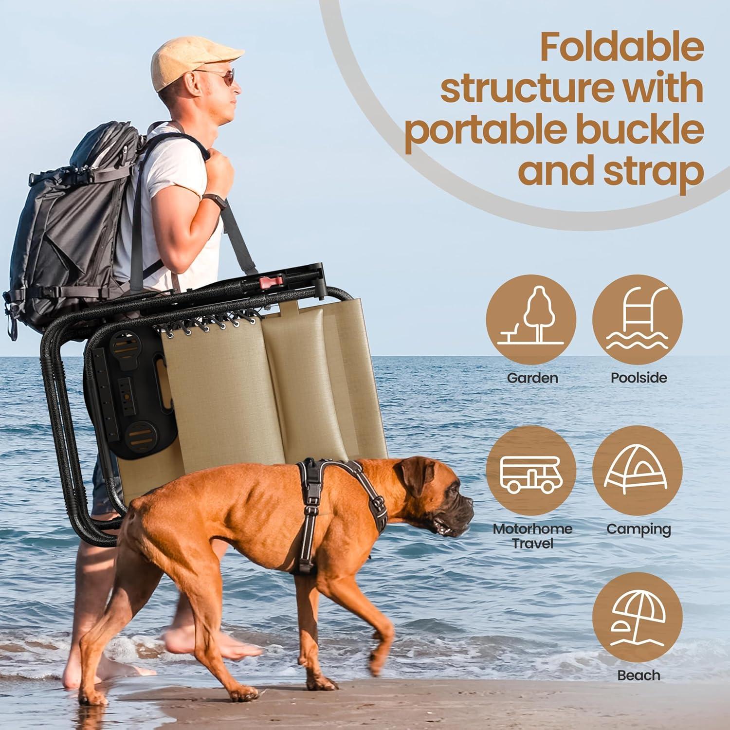 Yaheetech Zero Gravity Recliners Outdoor Adjustable Folding Reclining Lounge Chairs w/Pillows, Cup Holder Trays and Carry Strap for Patio Backyard Beach Beige Set of 2