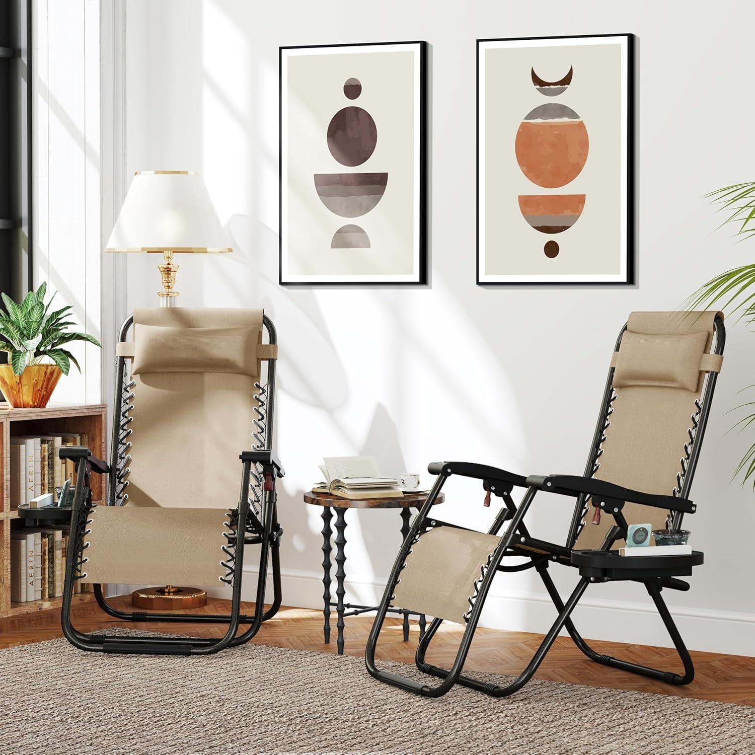 Yaheetech Zero Gravity Recliners Outdoor Adjustable Folding Reclining Lounge Chairs w/Pillows, Cup Holder Trays and Carry Strap for Patio Backyard Beach Beige Set of 2