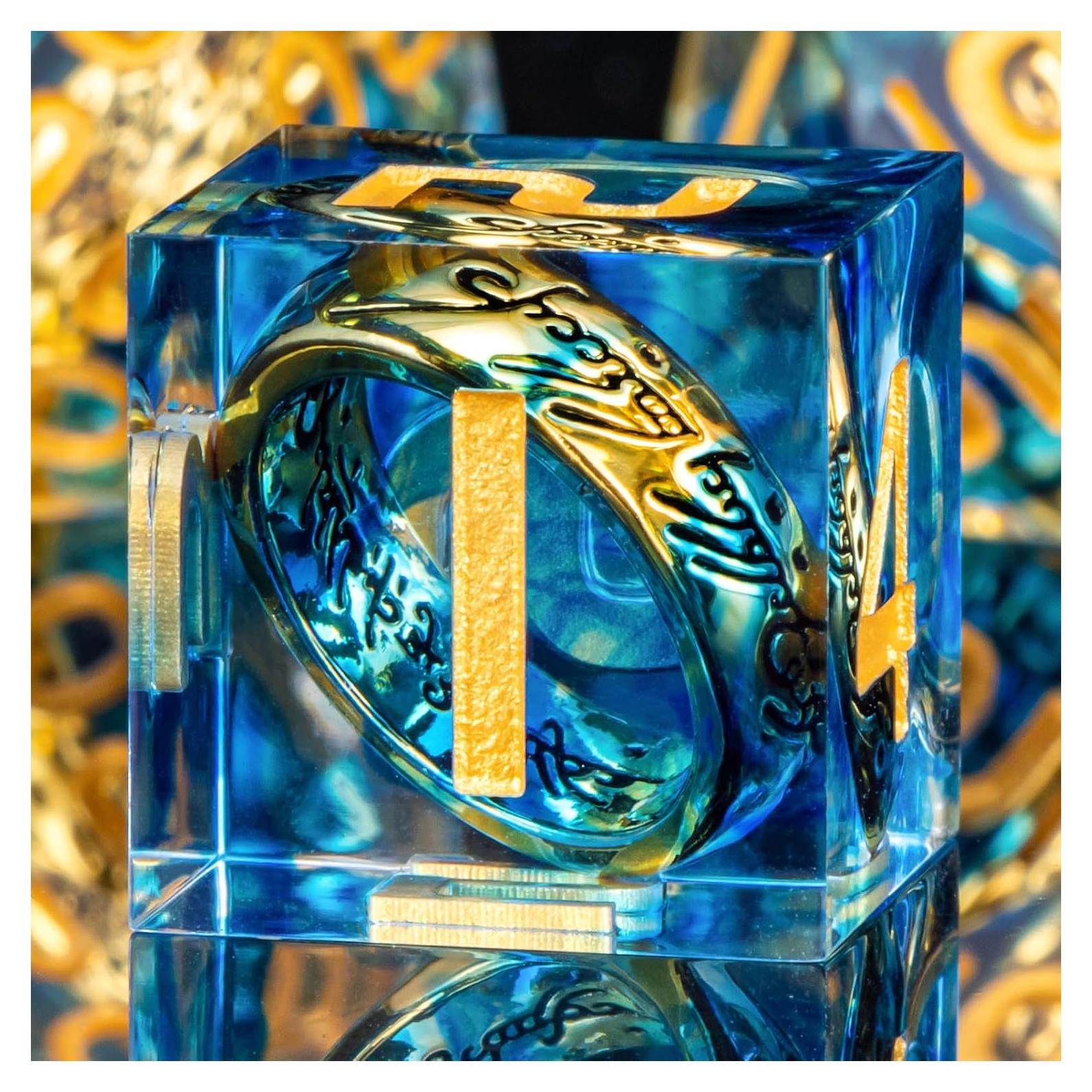 Set de Dados D&D OUKELANWO 7 Piezas Azul y Dorado