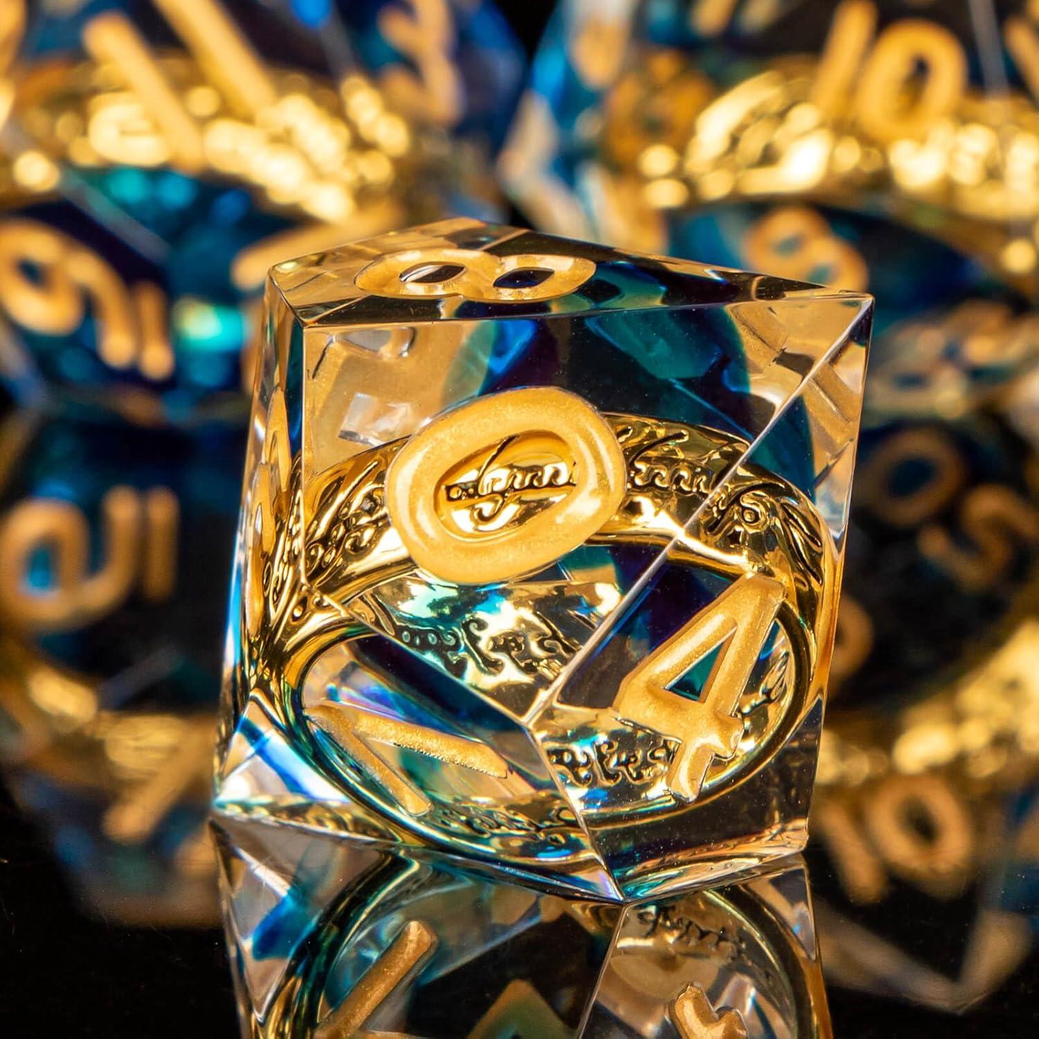 Set de Dados D&D OUKELANWO 7 Piezas Azul y Dorado