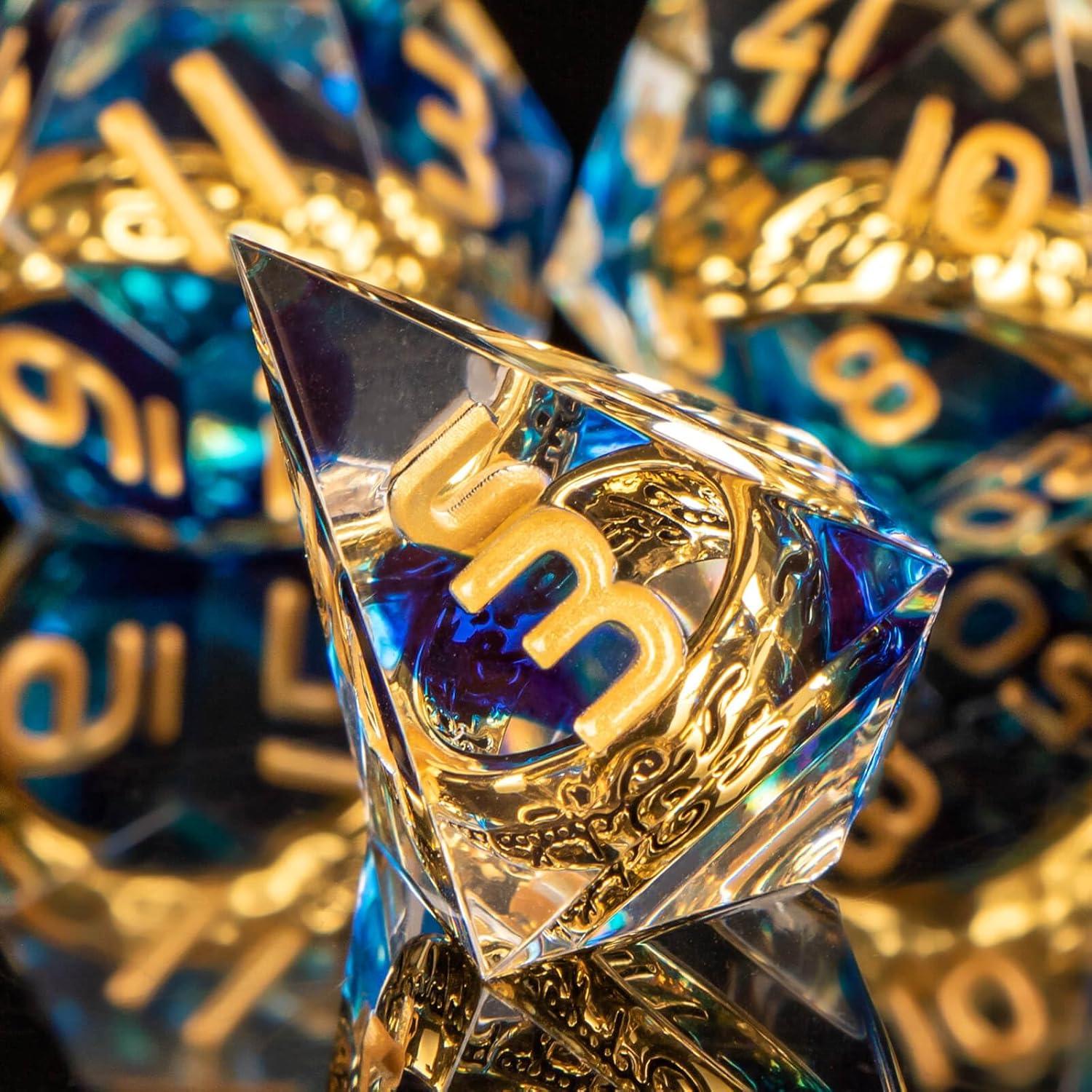 Set de Dados D&D OUKELANWO 7 Piezas Azul y Dorado