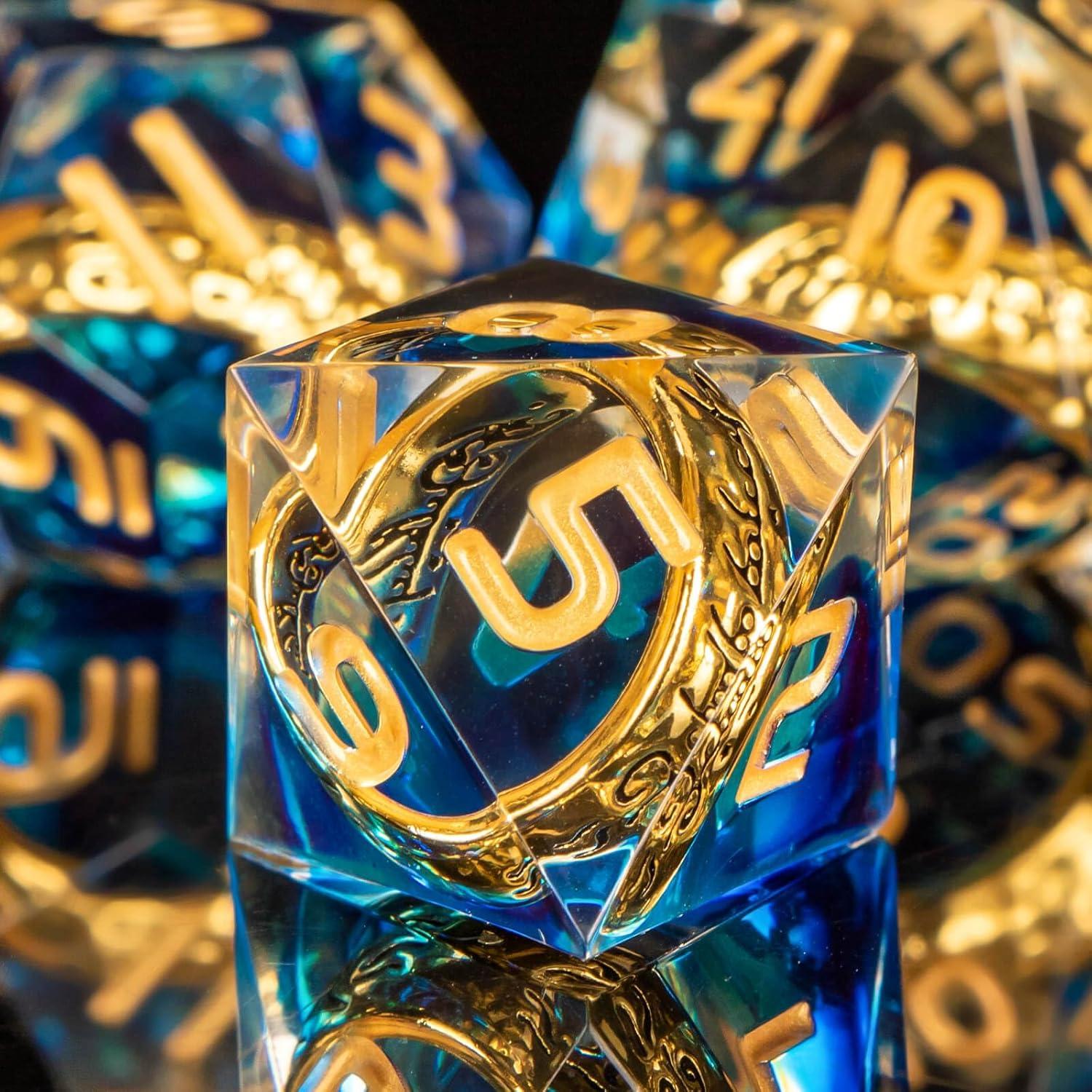 Set de Dados D&D OUKELANWO 7 Piezas Azul y Dorado