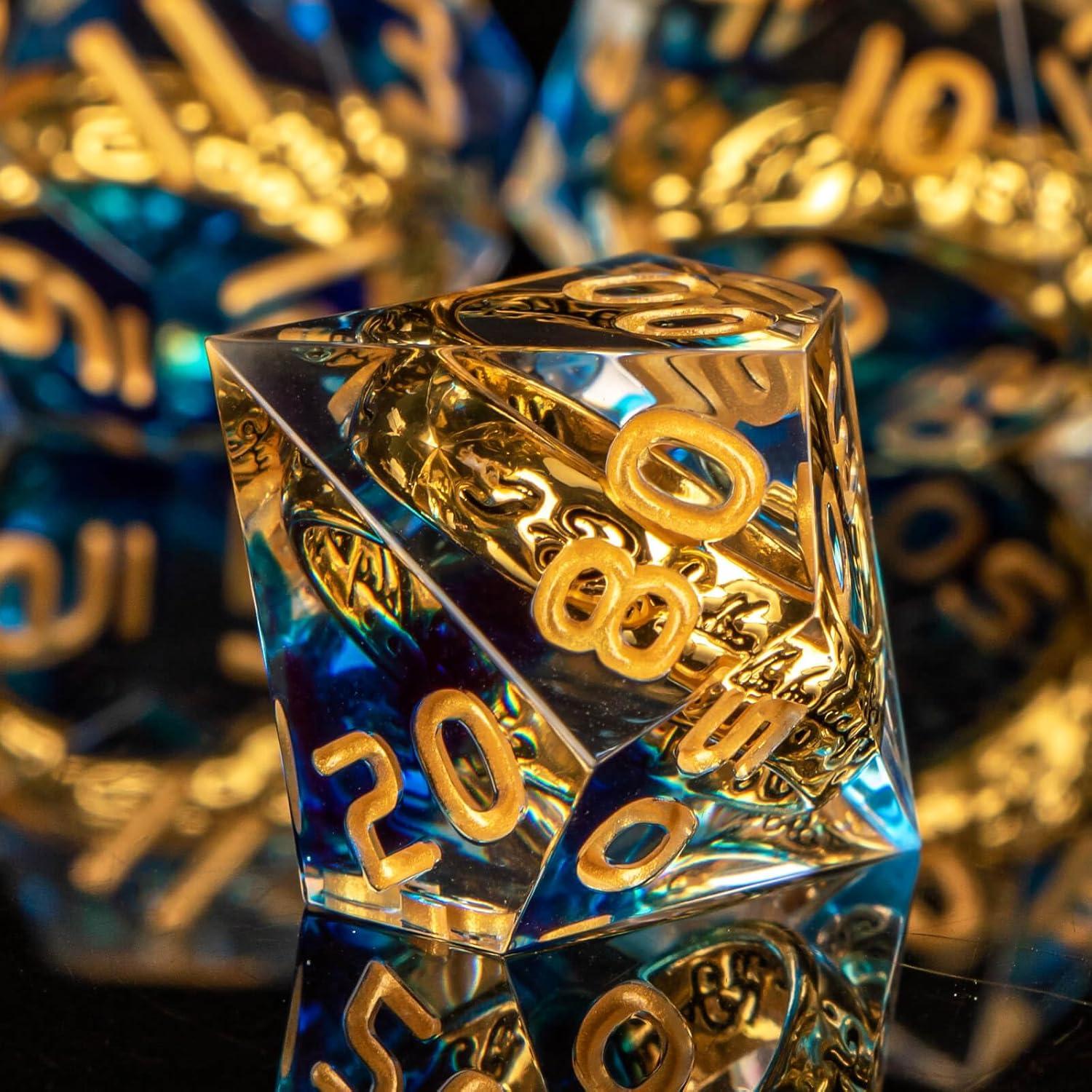 Set de Dados D&D OUKELANWO 7 Piezas Azul y Dorado