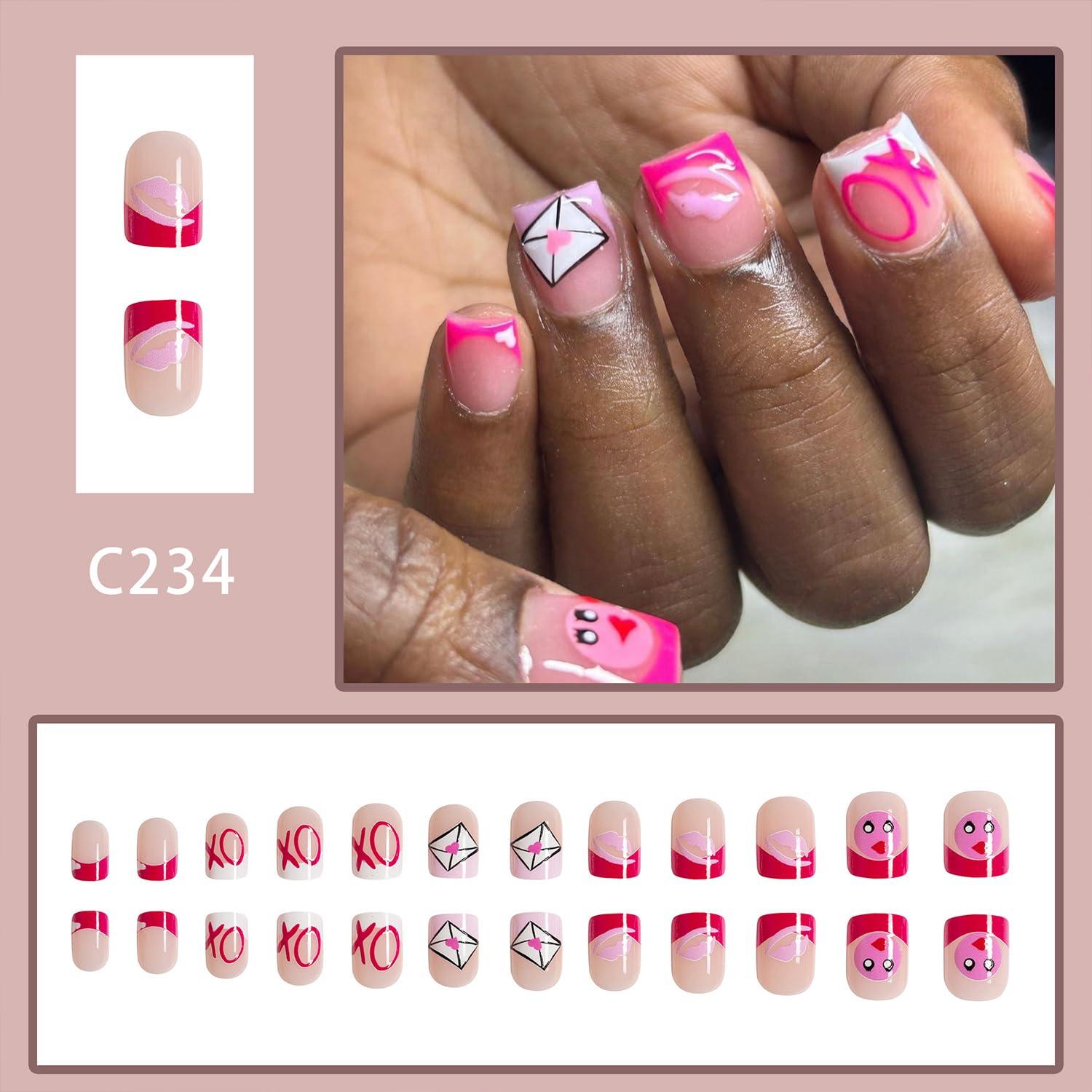 Uñas Postizas Cortas WW San Valentín 24 Piezas Labios Corazón