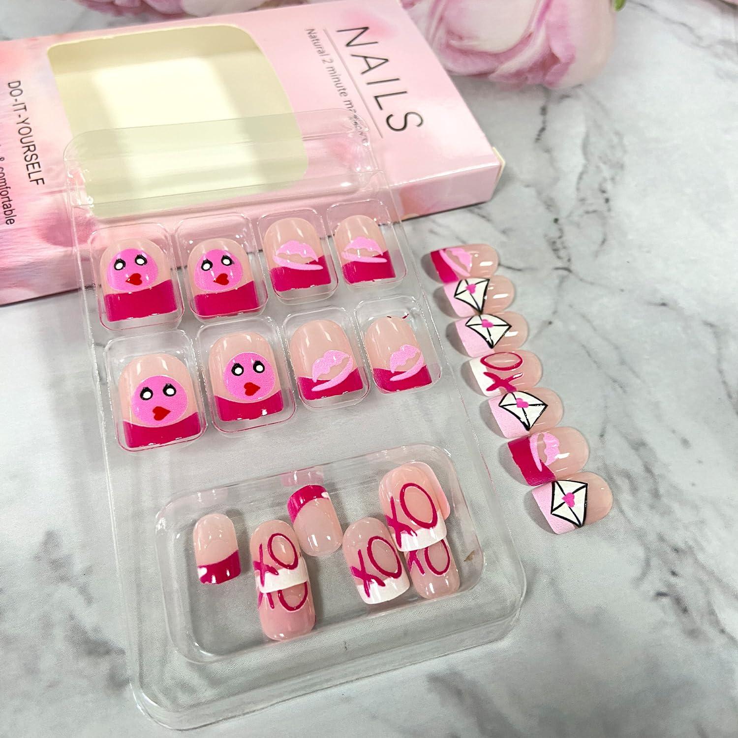 Uñas Postizas Cortas WW San Valentín 24 Piezas Labios Corazón