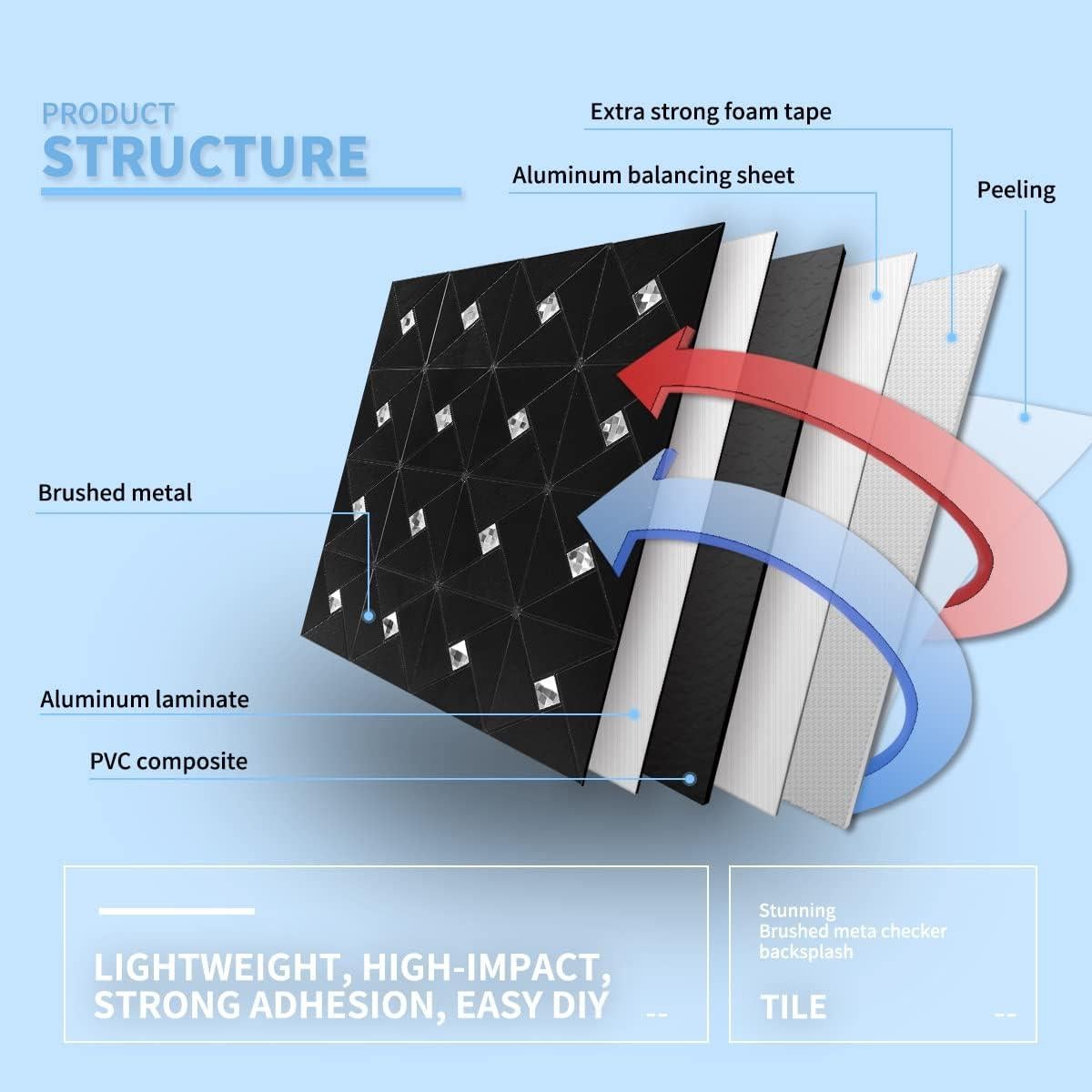 Azulejos de Metal Autoadhesivos Art3d 10 Hojas 30x30 cm Negro