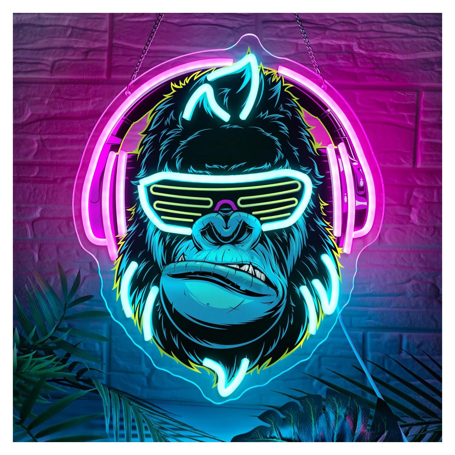 Señal de Neón LED Gorila con Auriculares Rosa y Azul 37.8cm