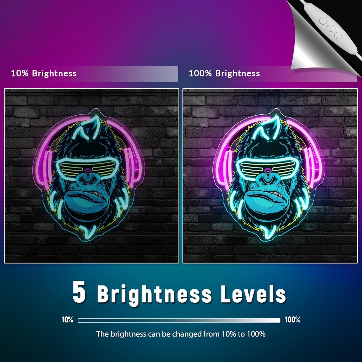 Señal de Neón LED Gorila con Auriculares Rosa y Azul 37.8cm