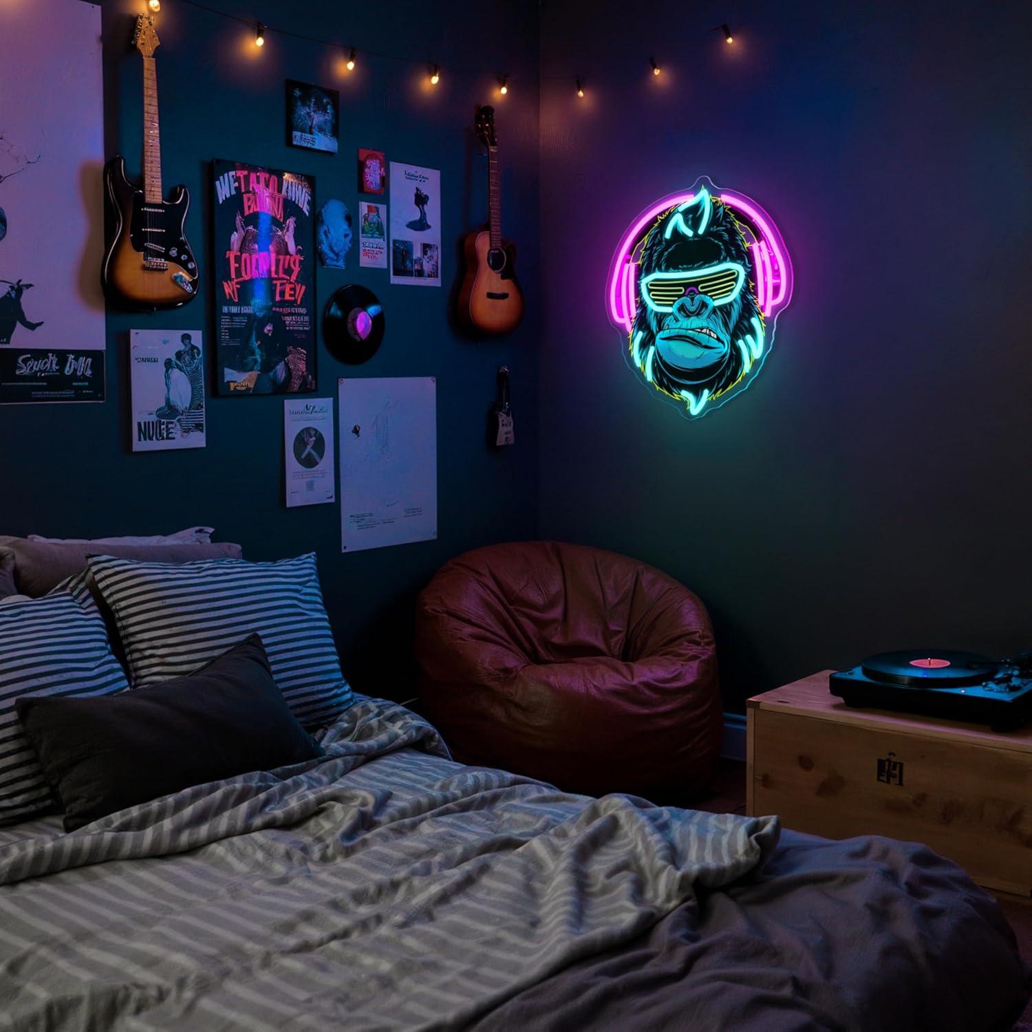 Señal de Neón LED Gorila con Auriculares Rosa y Azul 37.8cm