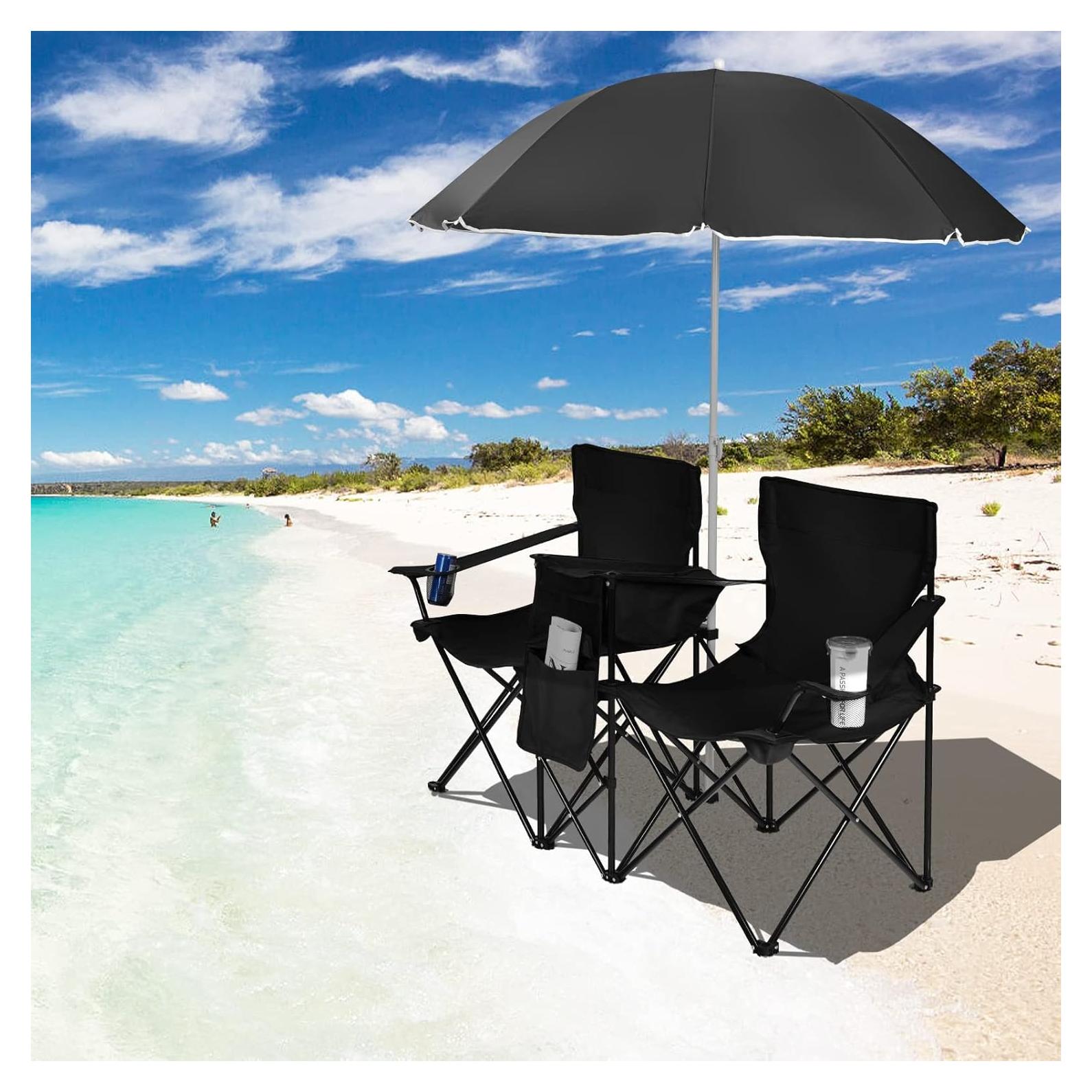 Sillas de Camping Plegables Doble ReunionG con Paraguas y Mesa