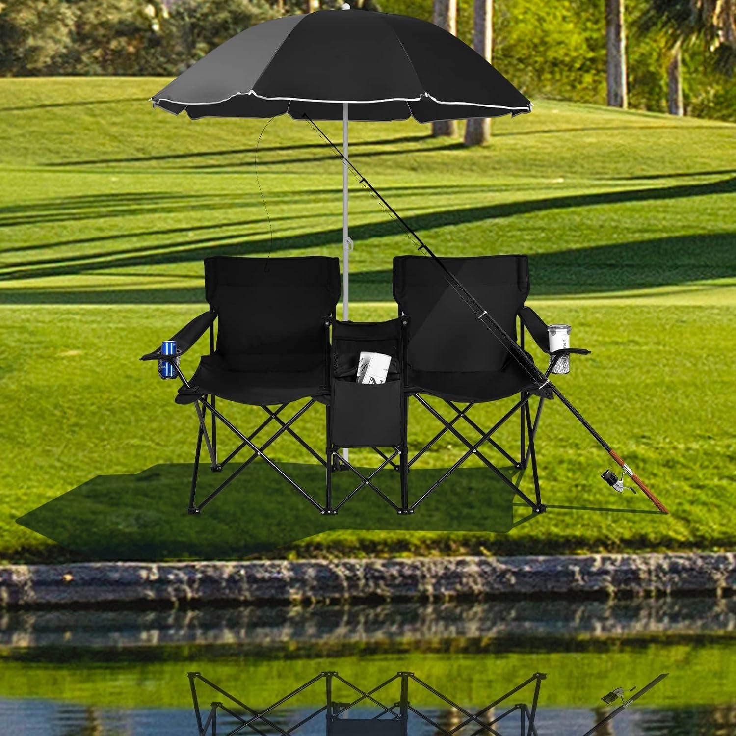 Sillas de Camping Plegables Doble ReunionG con Paraguas y Mesa