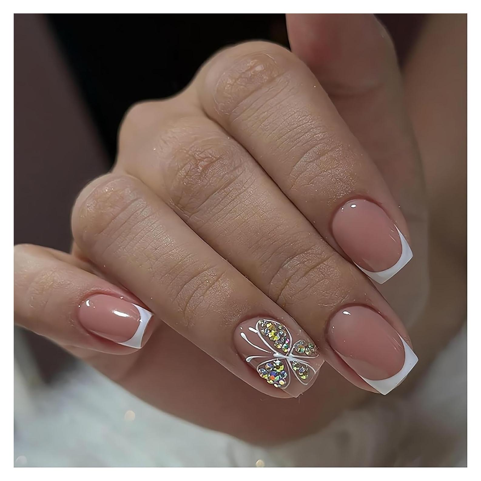 Uñas Postizas Cortas Cuadradas RTKHFZE 24 Pcs Diseño Mariposas