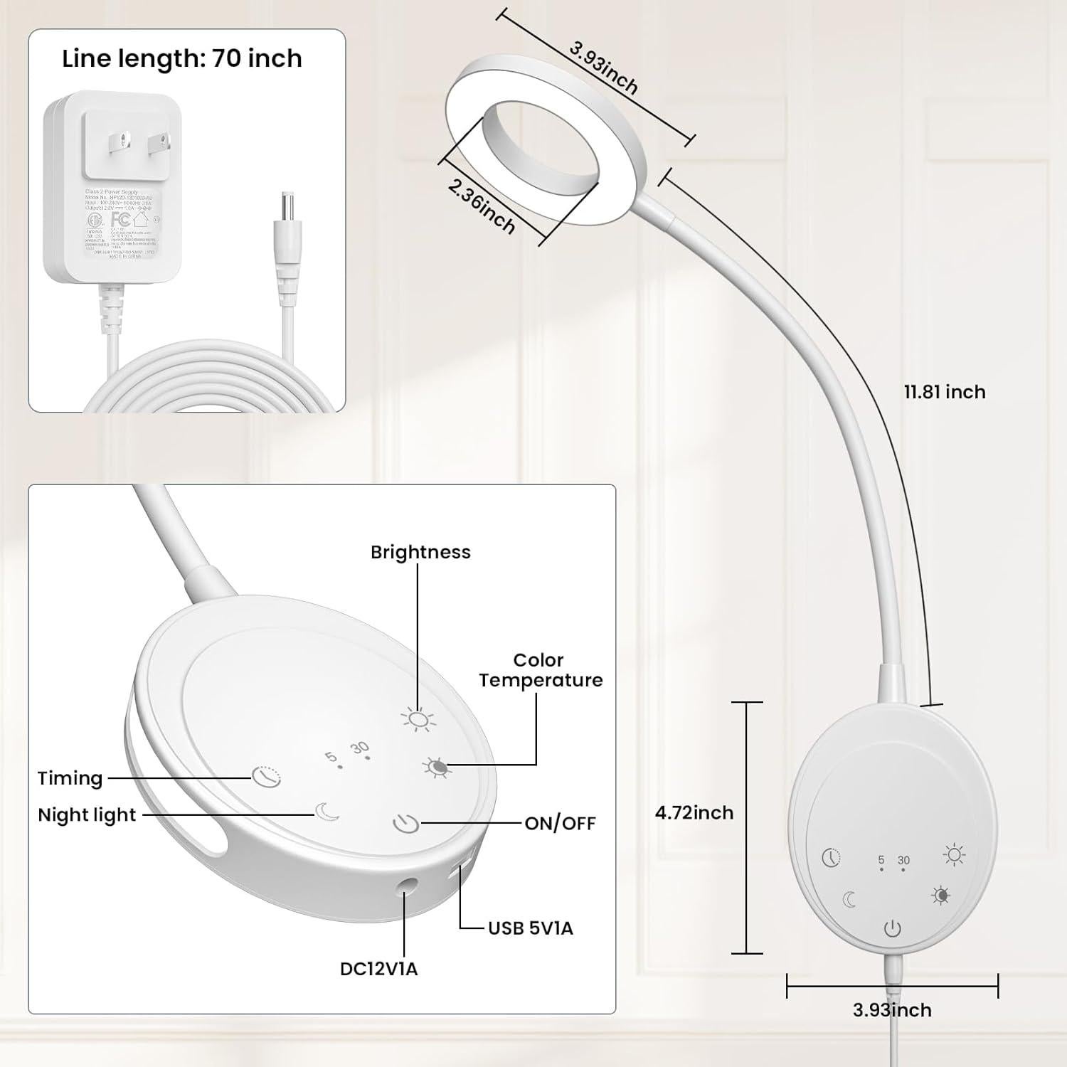 Luz de Lectura Montada en Pared NoeiiT con 5 Temperaturas y USB