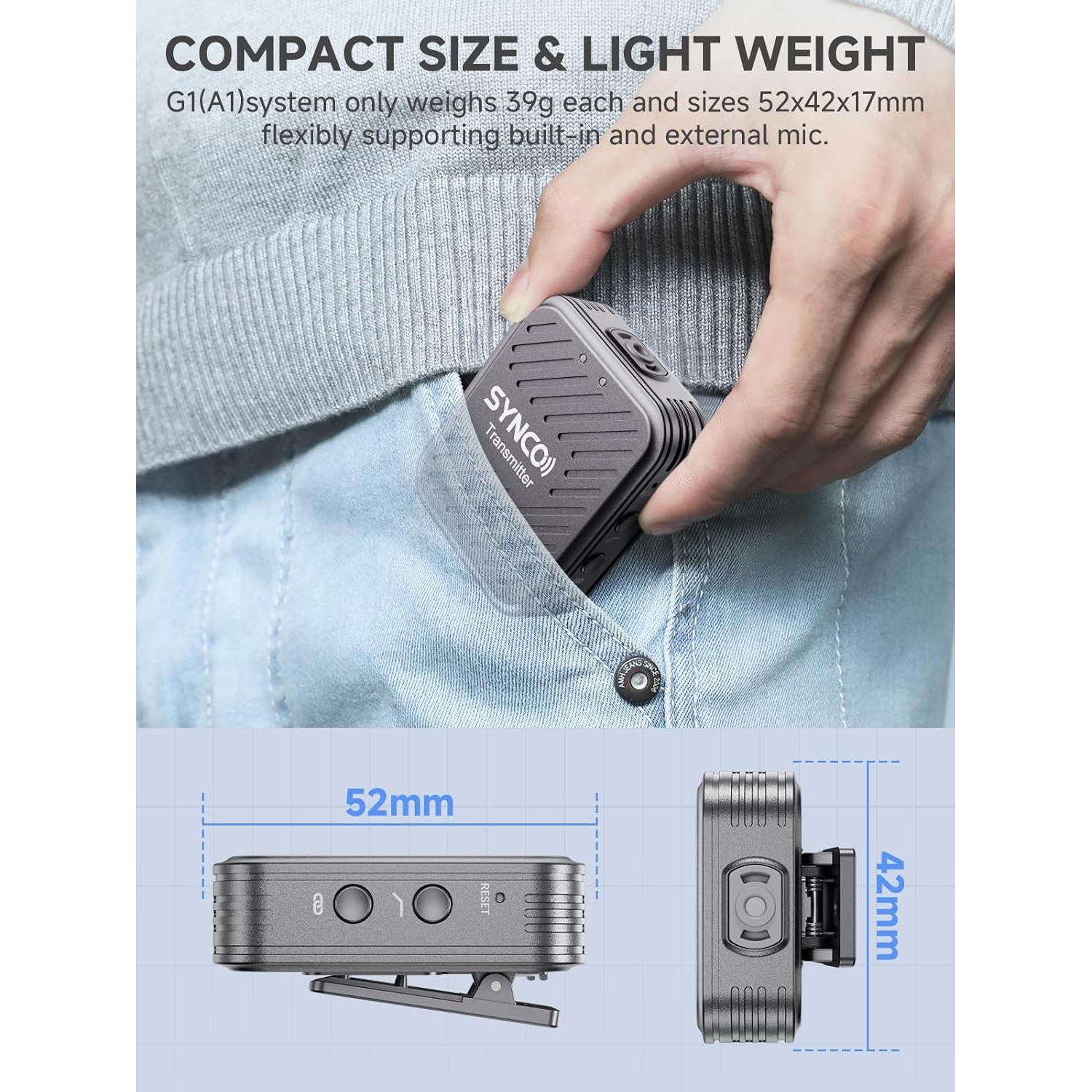 Micrófono Inalámbrico SYNCO G1(A1) Gris - 150m, Compacto