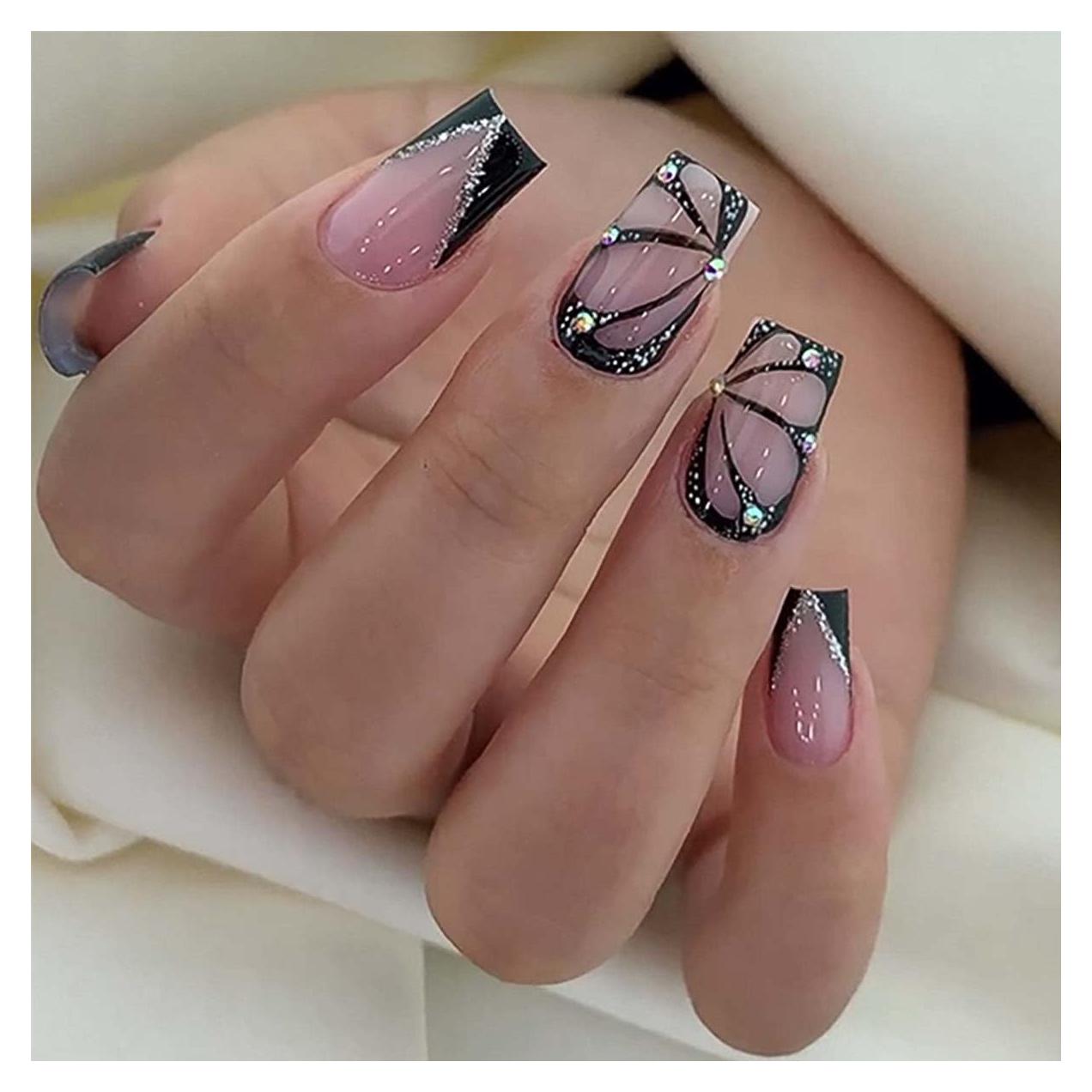 Uñas Postizas KASOICRA Mariposa Cuadradas 24Pcs con Brillo