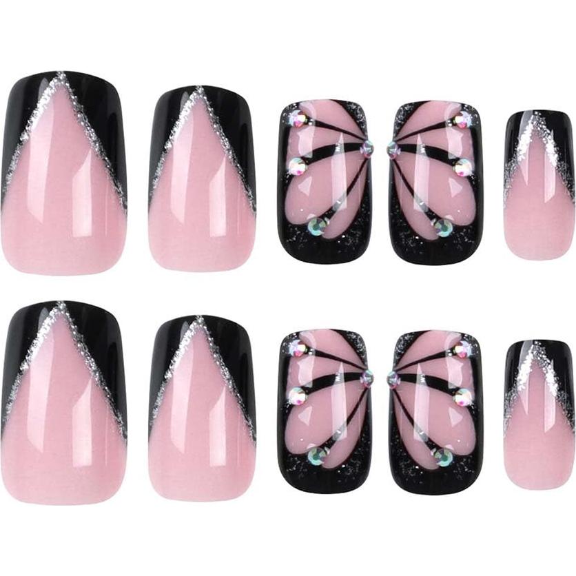 Uñas Postizas KASOICRA Mariposa Cuadradas 24Pcs con Brillo