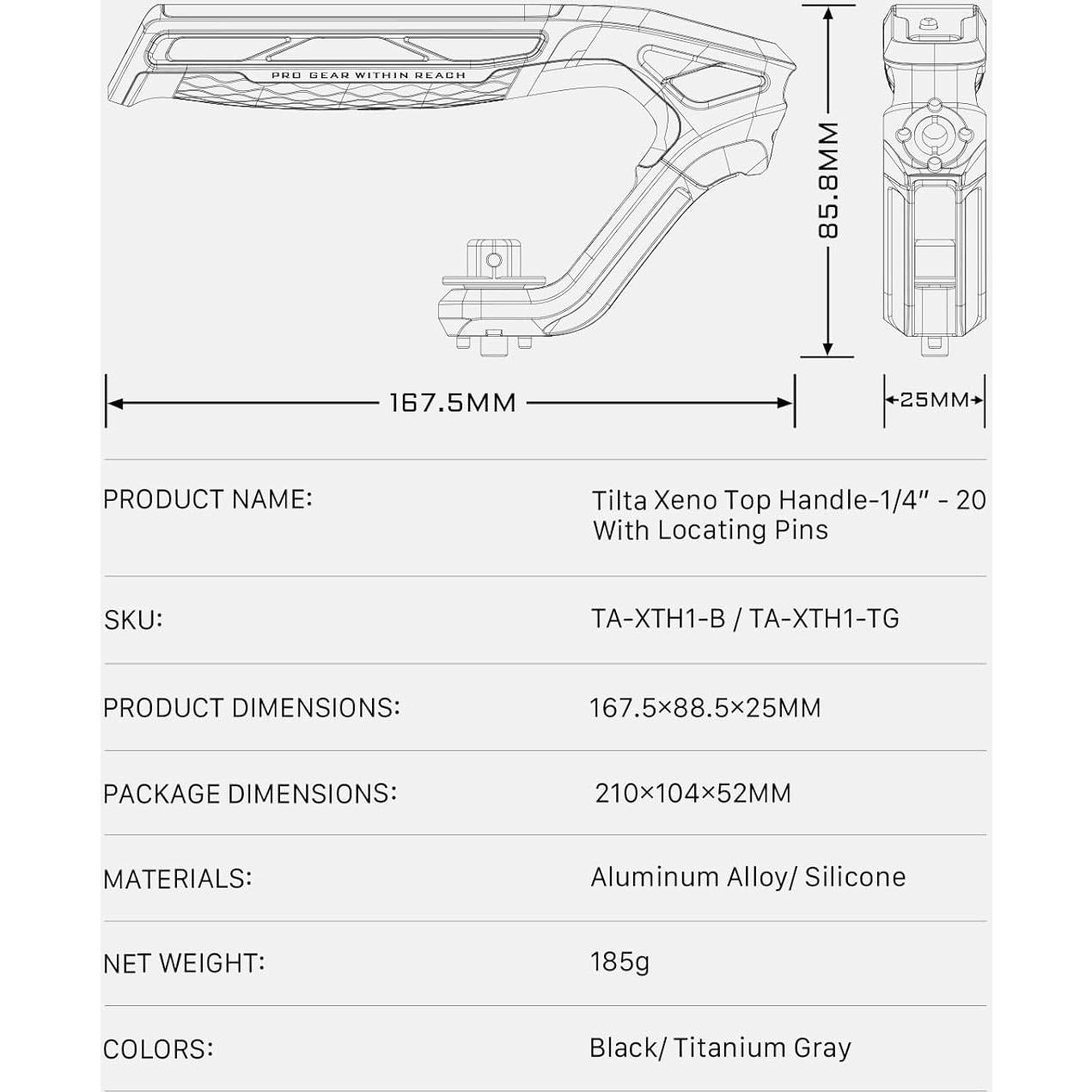 Mango Superior Tilta Xeno 1/4"-20 Gris Titanio - Agarre Antideslizante
