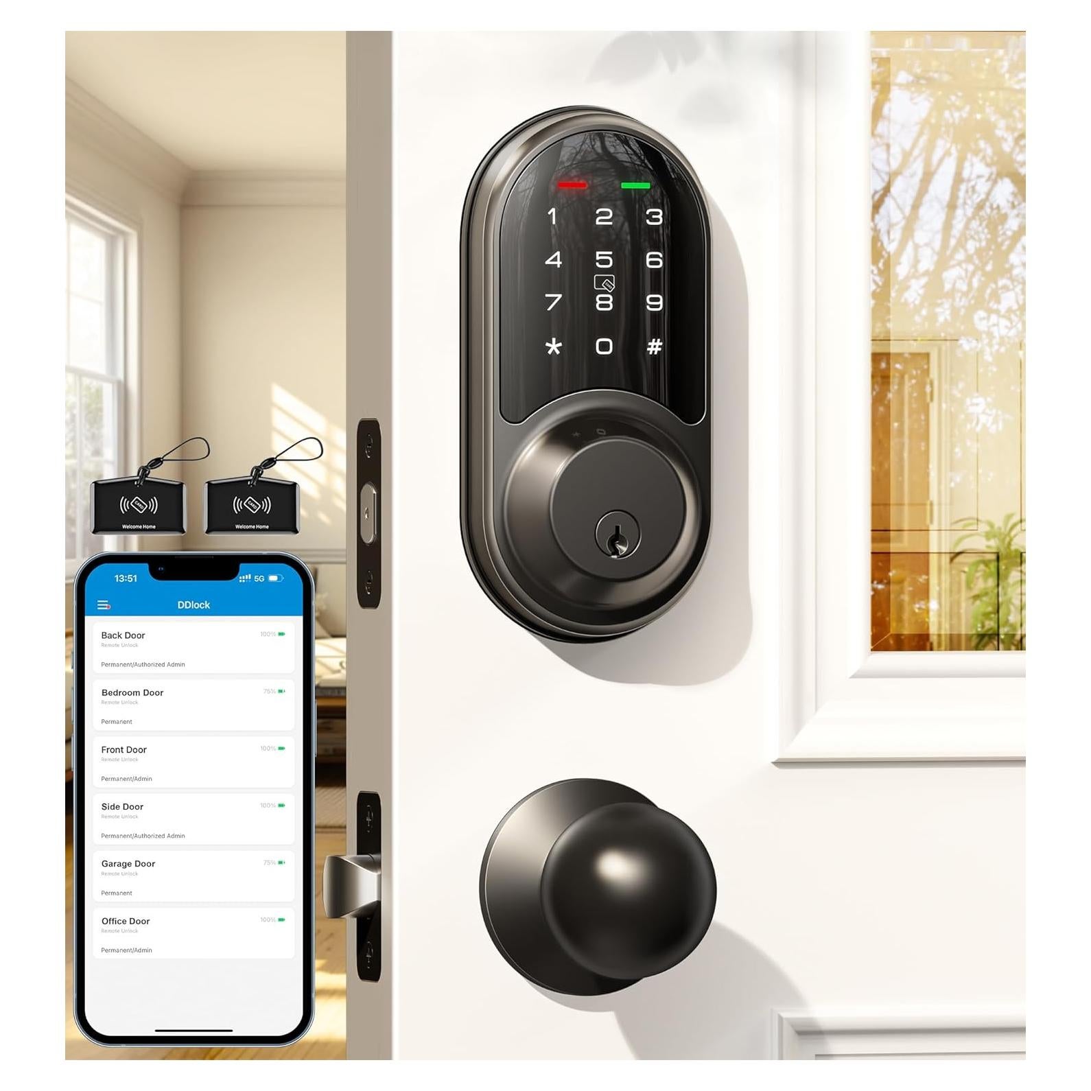 Cerradura Inteligente Veise RZ06C con Teclado y Manijas, Negro Mate