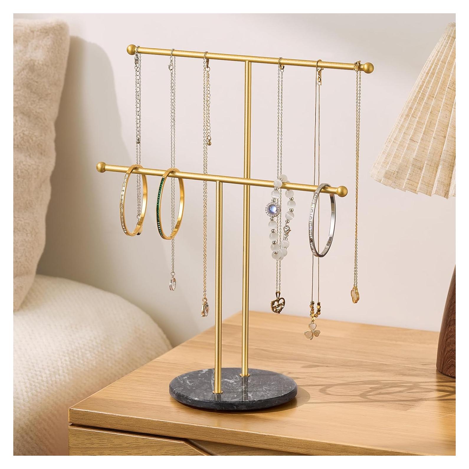 Soporte para Collares pickpiff con Base de Mármol Dorado 2 Niveles