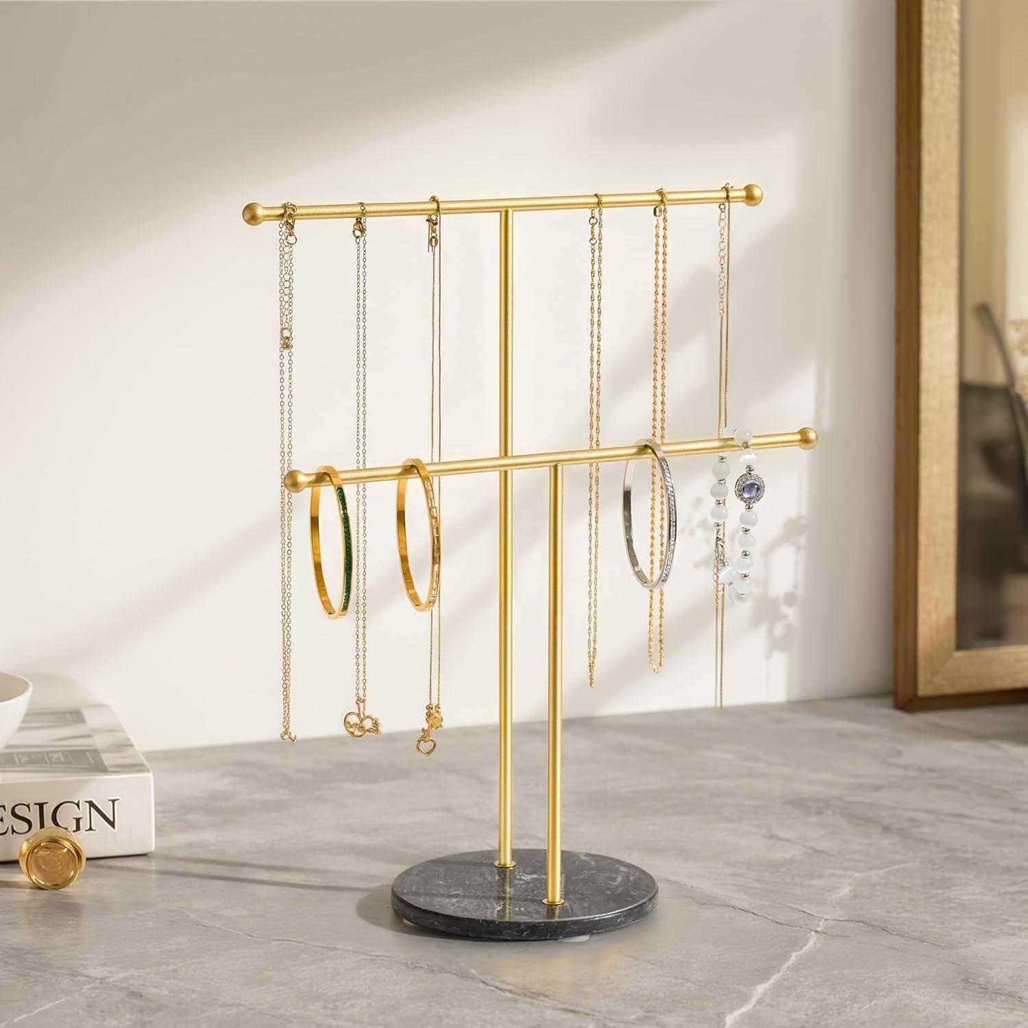 Soporte para Collares pickpiff con Base de Mármol Dorado 2 Niveles