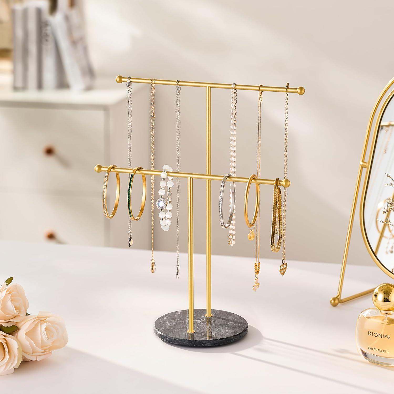 Soporte para Collares pickpiff con Base de Mármol Dorado 2 Niveles