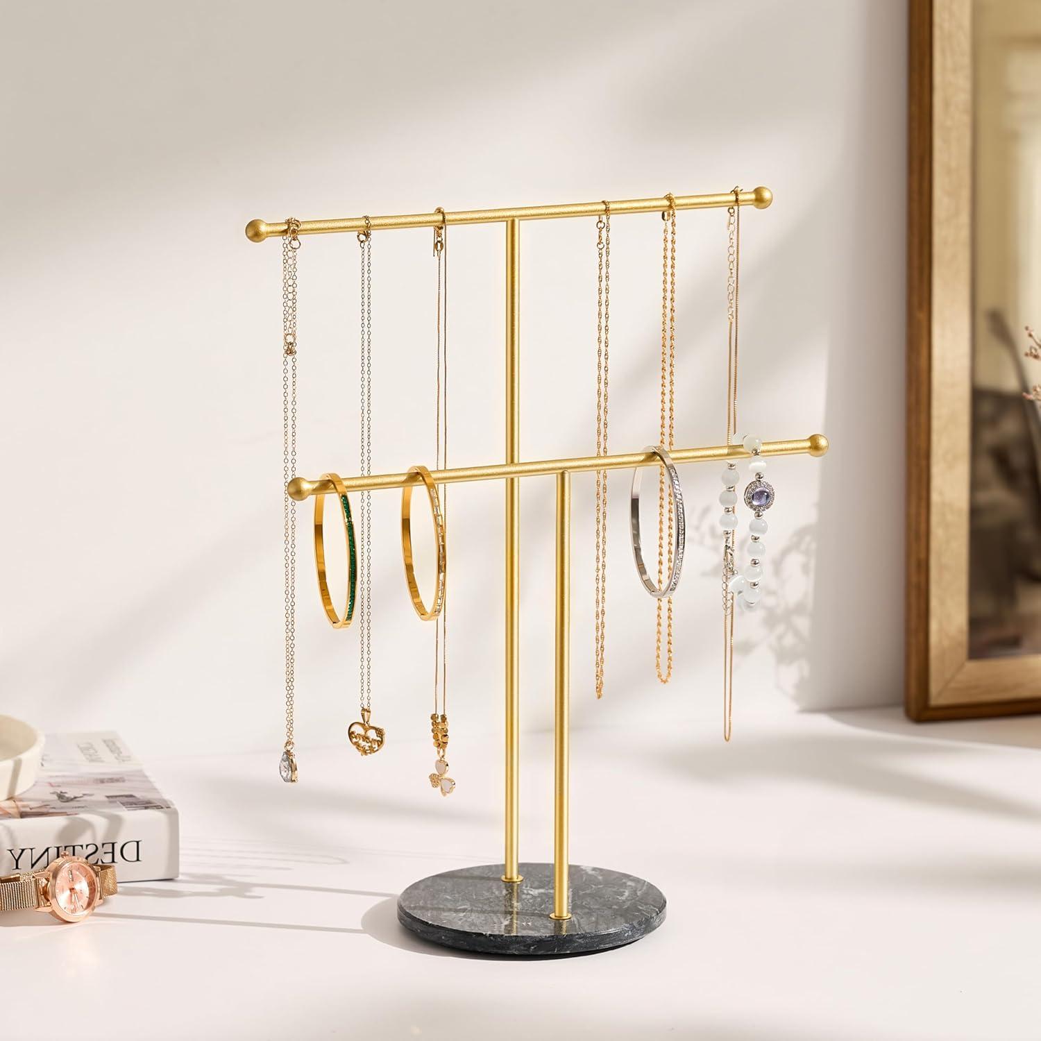 Soporte para Collares pickpiff con Base de Mármol Dorado 2 Niveles